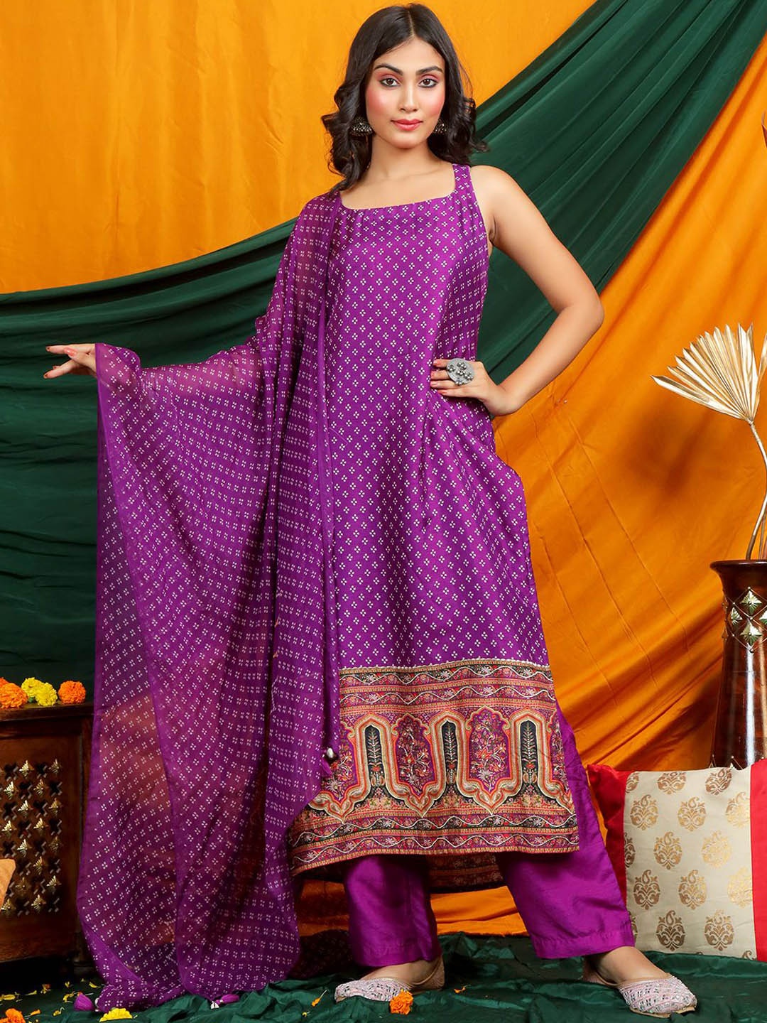 

EARTH O FAB Bandhani Printed Regular Raw Silk Straight Kurta with Palazzos & Dupatta, Purple