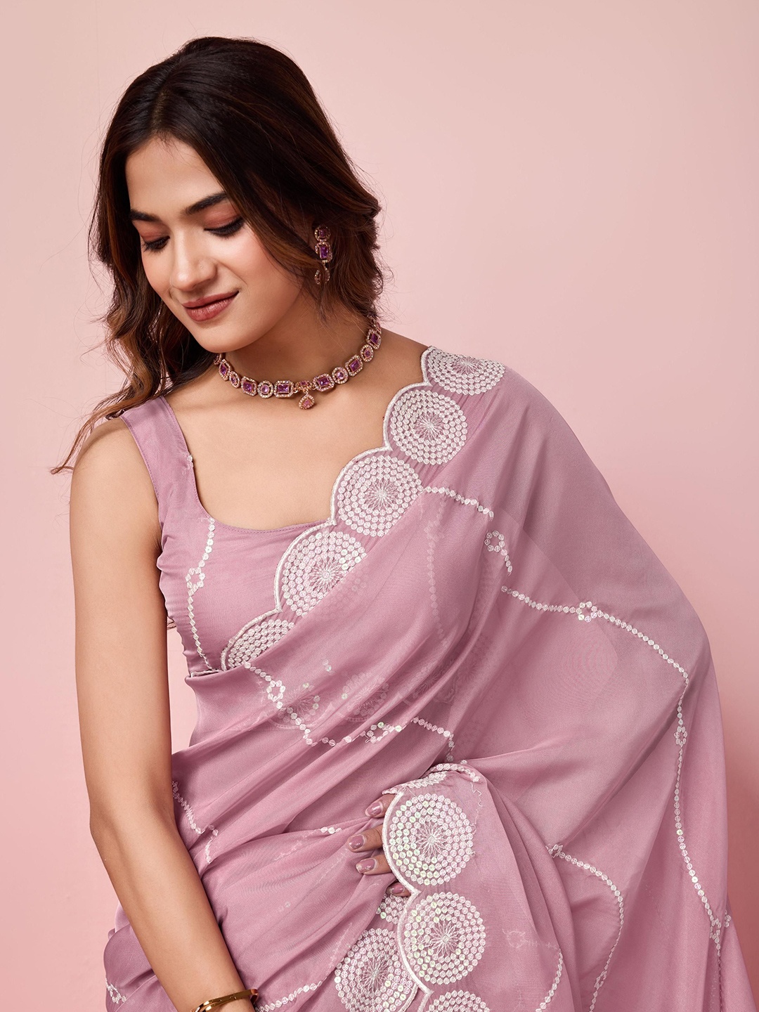 

HERE&NOW Sequinned Embellished Organza Saree, Mauve