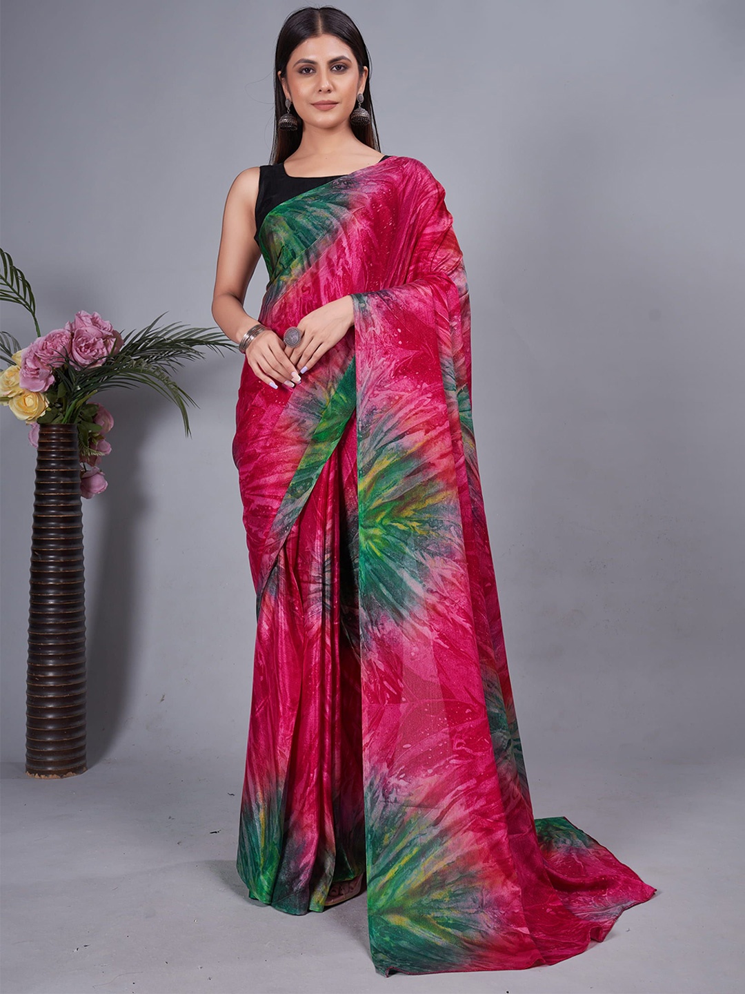 

KAYOMMI Tie and Dye Pure Chiffon Ready to Wear Saree, Red