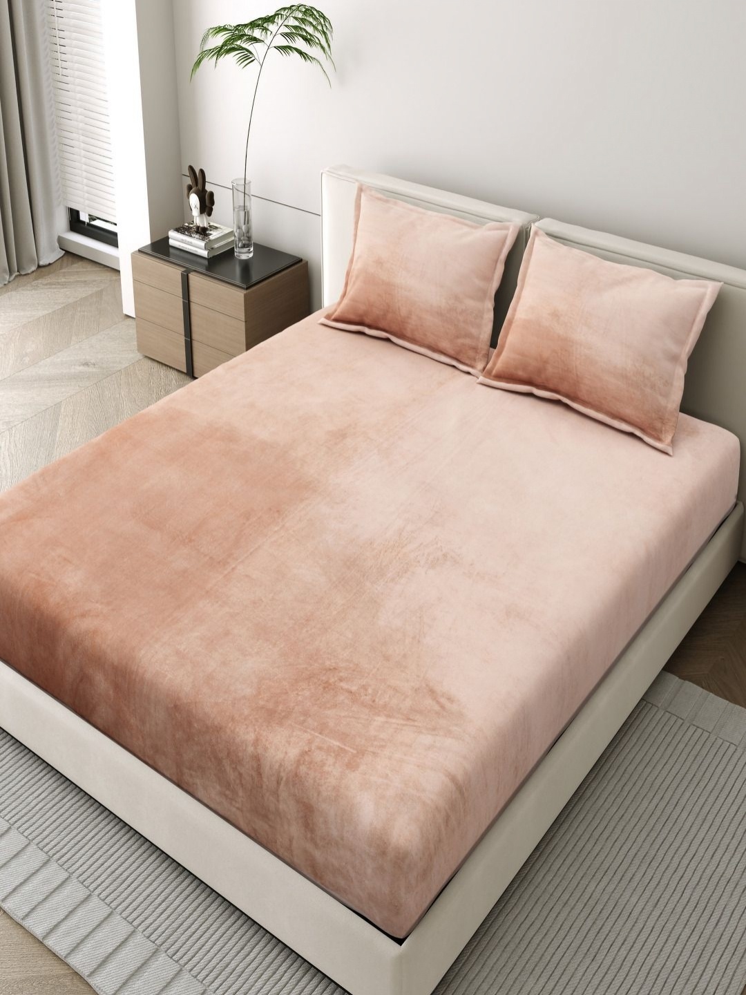 

JAIPUR FABRIC Peach-Coloured Woolen 400 TC King Bedsheet Set 2.74 m X 2.74 m