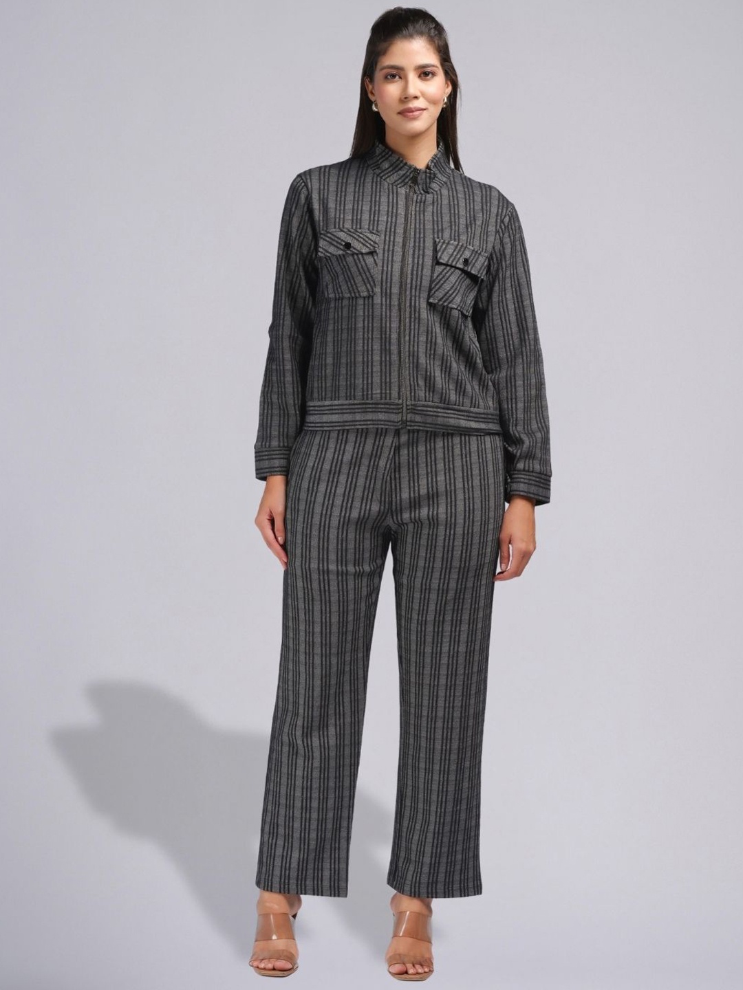 

PUREMIST Striped Mock Collar Long Sleeves Jacket With Trouser, Grey