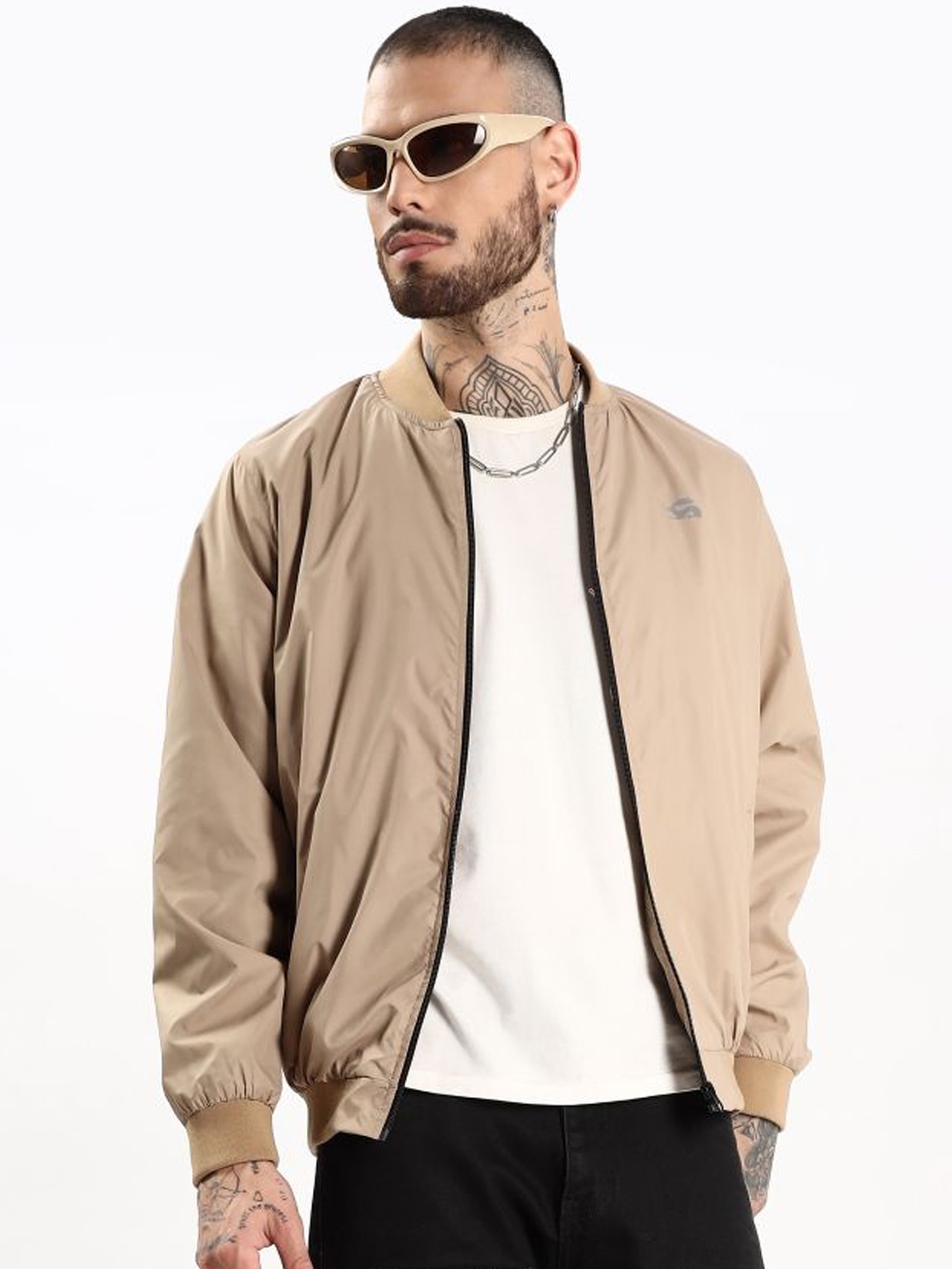 

ADRO Men Colourblocked Windcheater Bomber Jacket, Beige