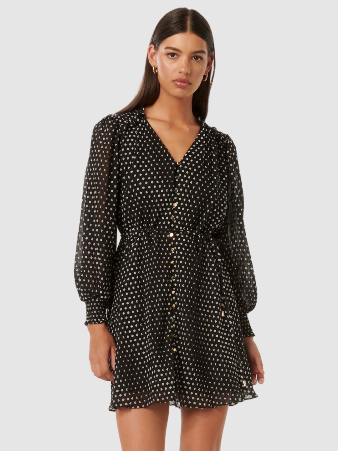 

Forever New Polka Dot Print Bishop Sleeve A-Line Mini Dress, Black