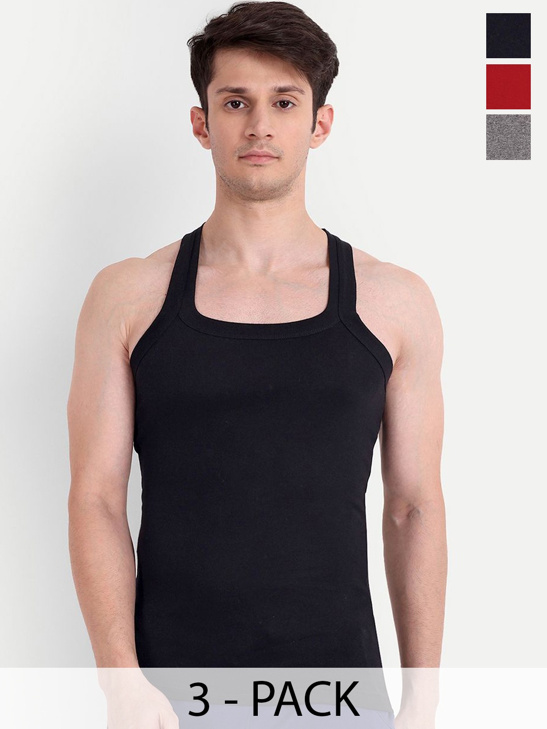 

KANSAL Pack Of 3 Cotton Gym Vests 4B-SOLID_P3, Black