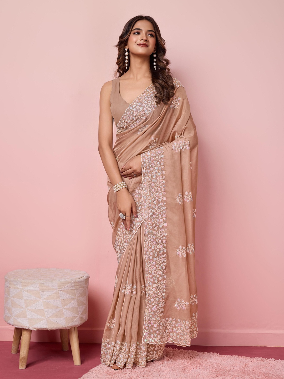 

HERE&NOW Embroidered Organza Saree, Camel brown