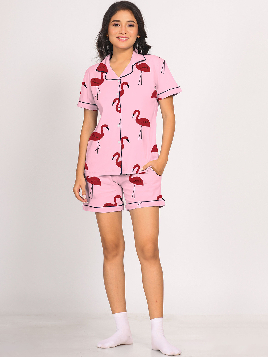 

NAP STORY Flamingo Printed Half Sleeves Shirt and Shorts Nightsuit Set, Pink
