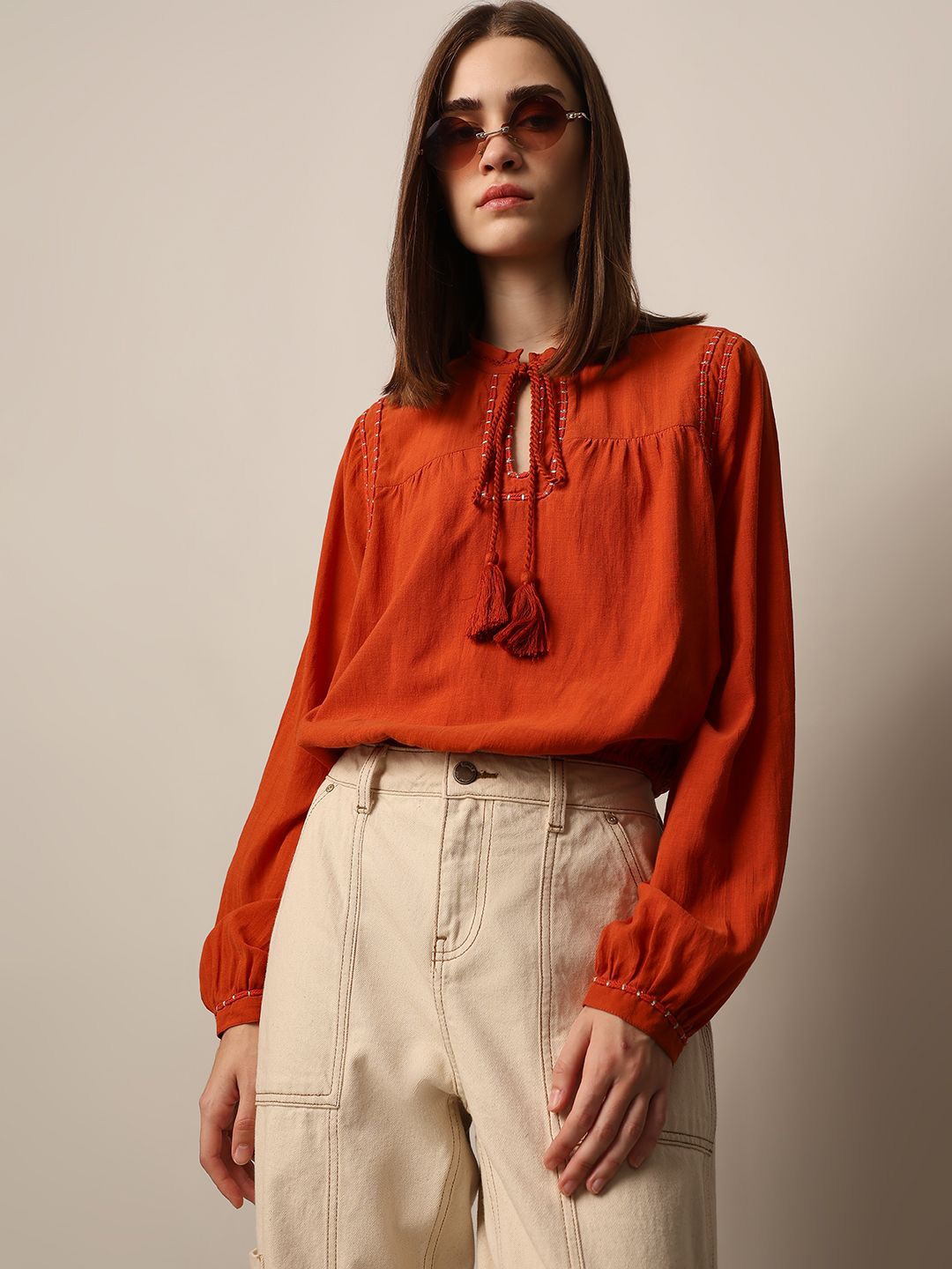 

ONLY Tie-Up Neck Bohemian Blouson Top, Orange