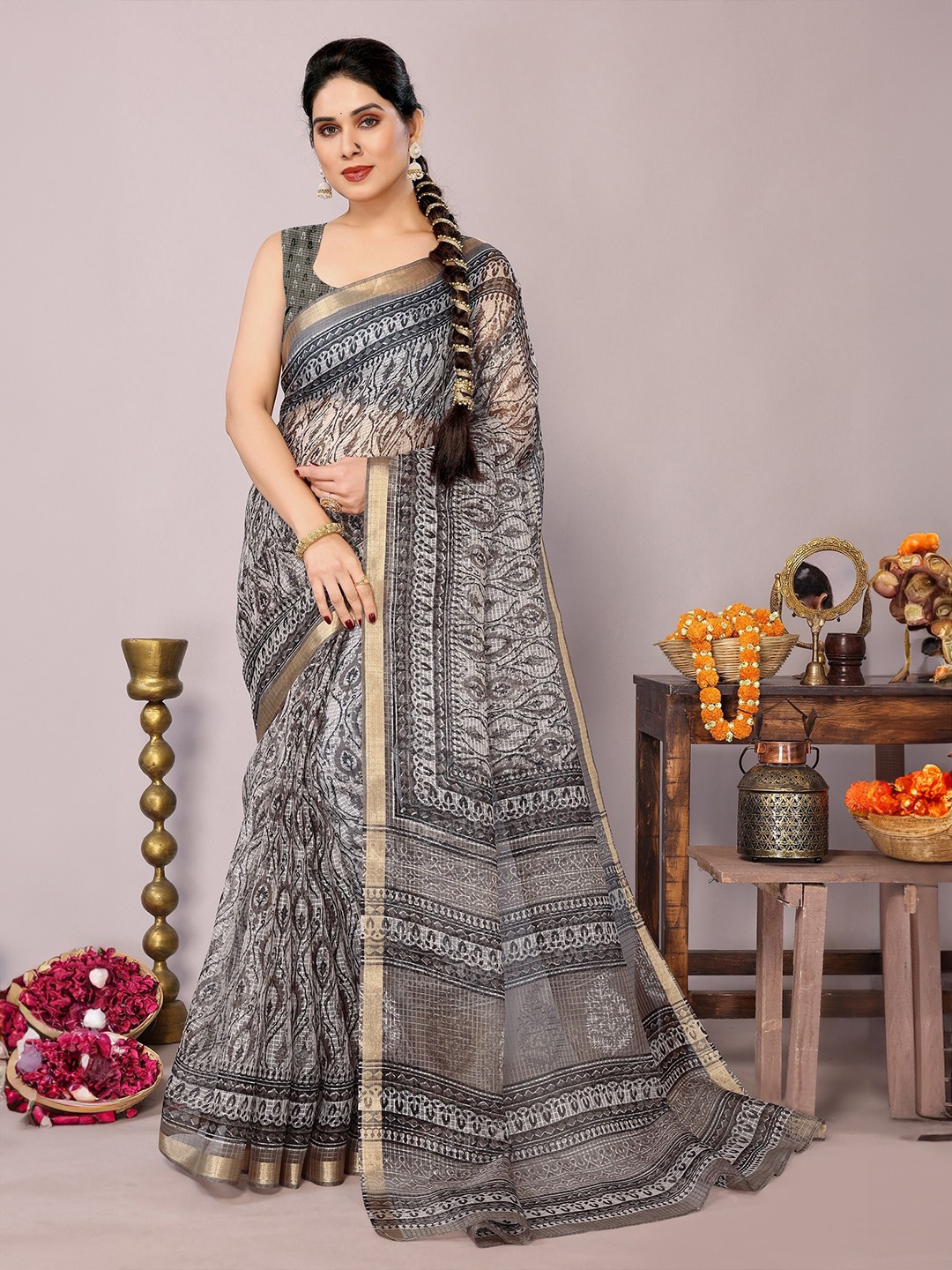

KALINI Ethnic Motifs Zari Ikat Saree, Grey