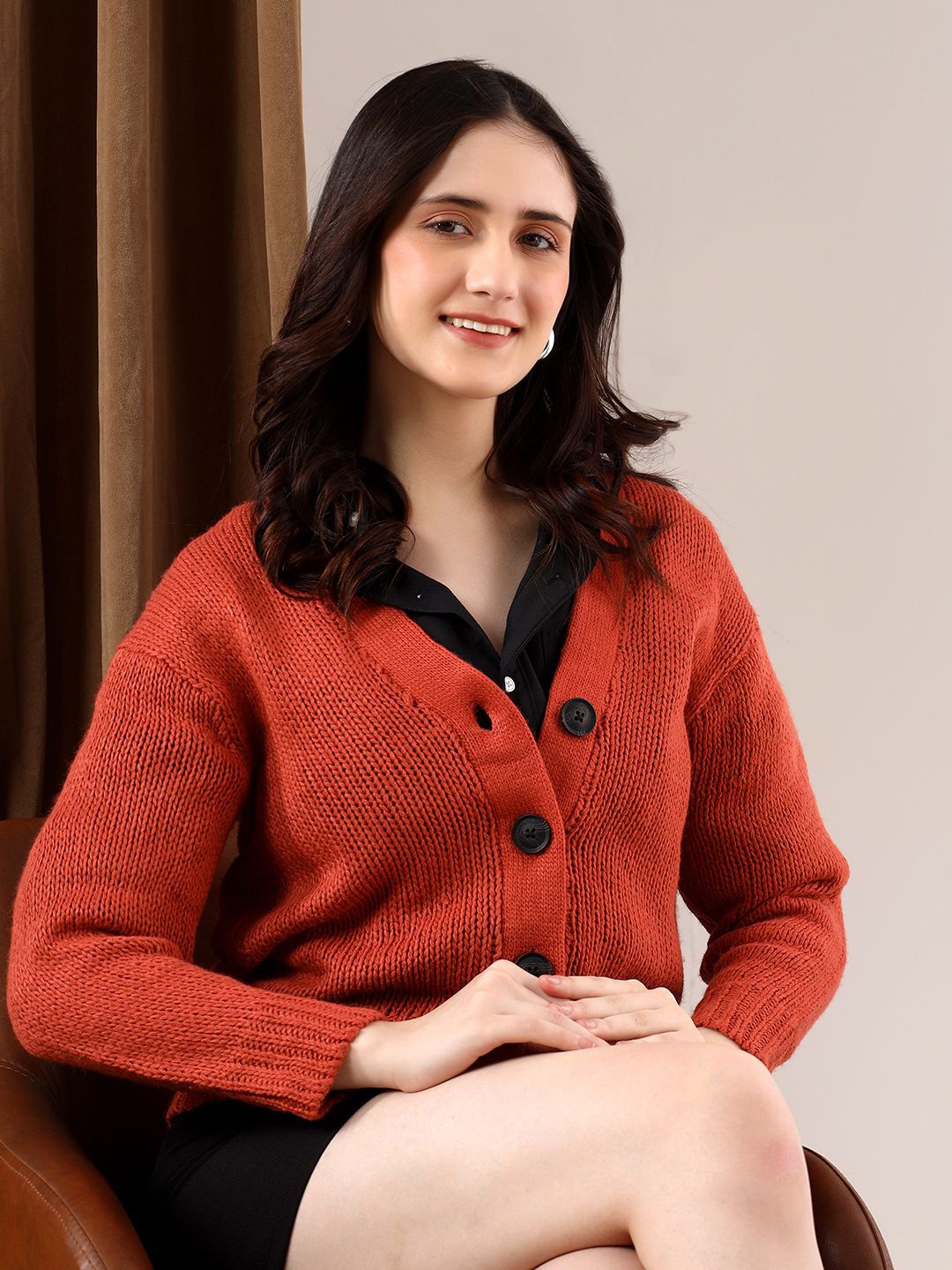 

Kotty Women Cable Knit Crop Cardigan, Brown