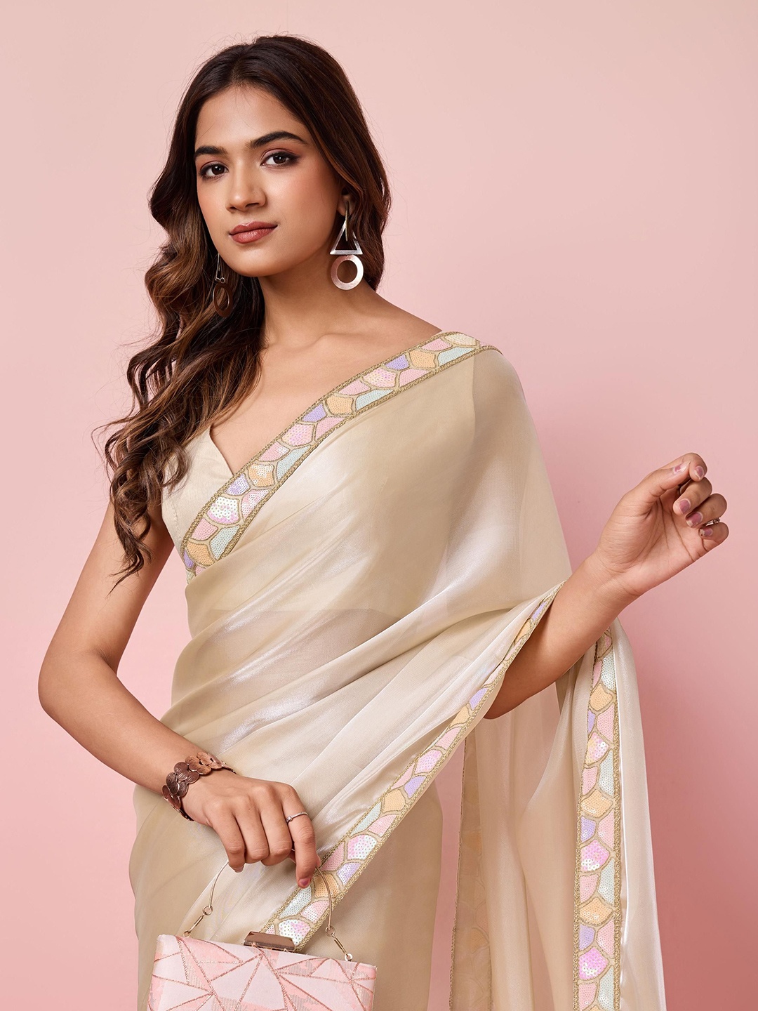 

HERE&NOW Solid Sequinned Saree, Cream