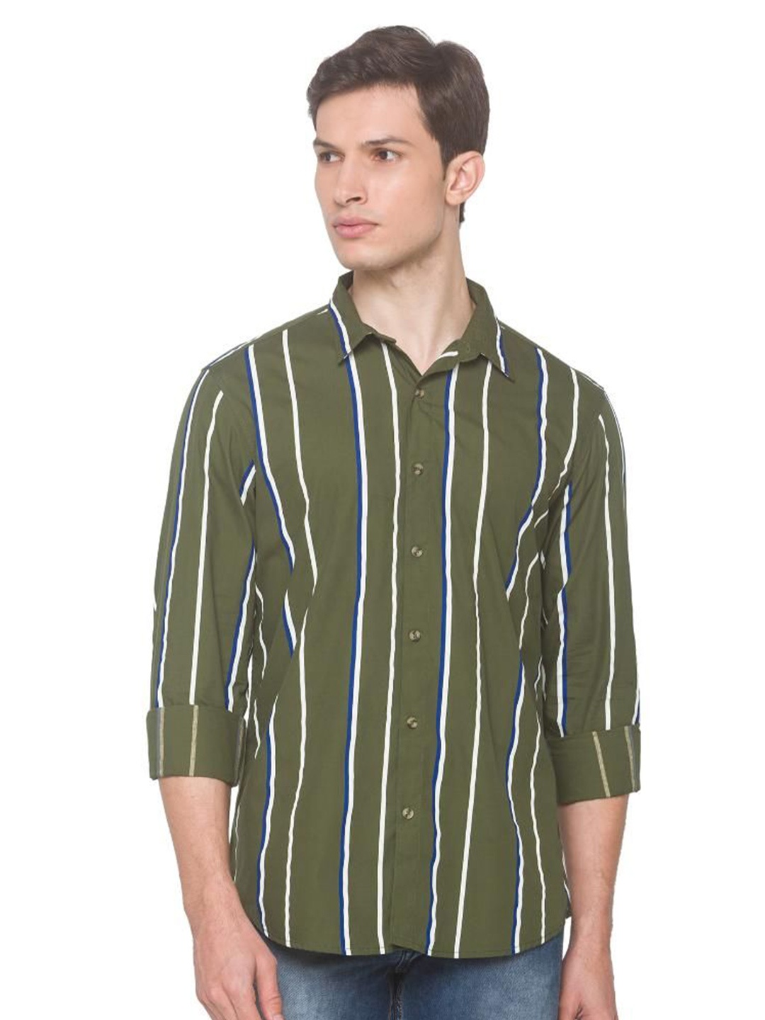 

SNX Men Tailored Fit Opaque Striped Casual Shirt, Green