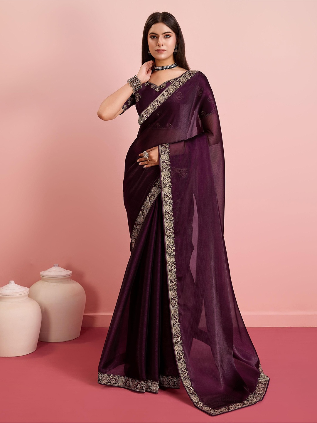 

HERE&NOW Embroidered Saree, Purple