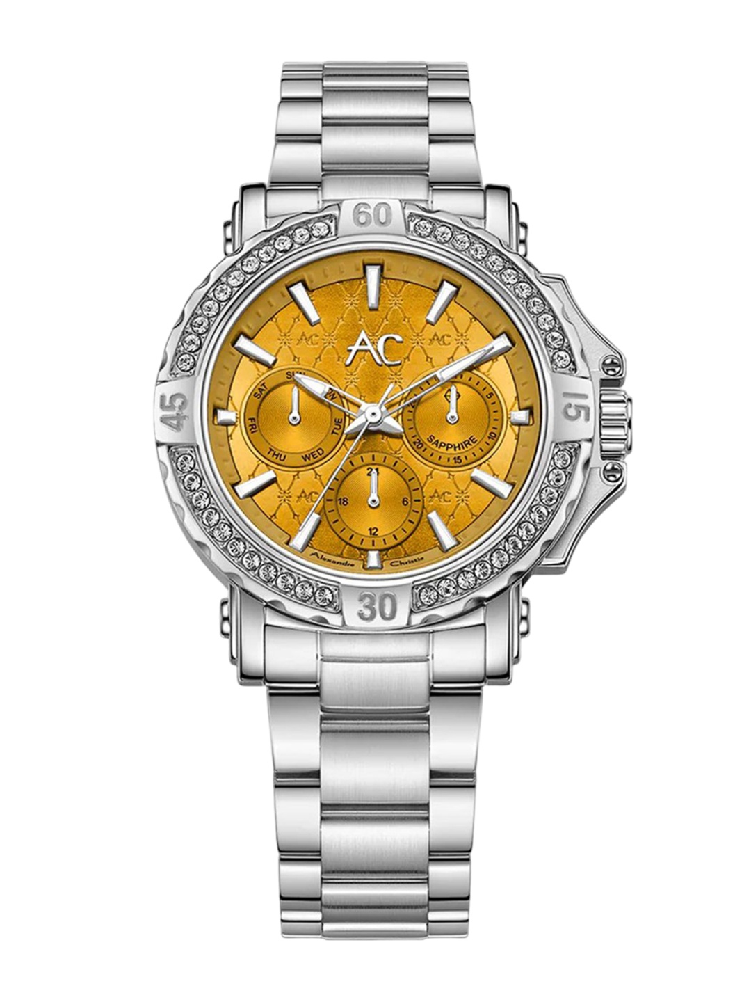 

Alexandre Christie Women Embellished Dial & Stainless Steel Bracelet Style Straps Analogue Watch, Silver