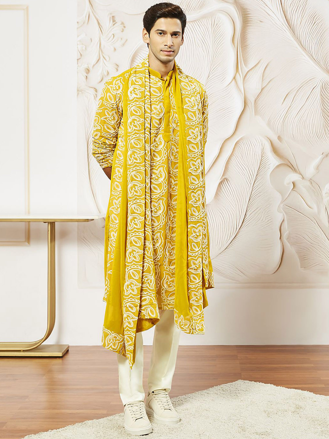 

VASTRAMAY Men Floral Embroidered Regular Thread Work Kurta with Trousers & With Dupatta, Mustard