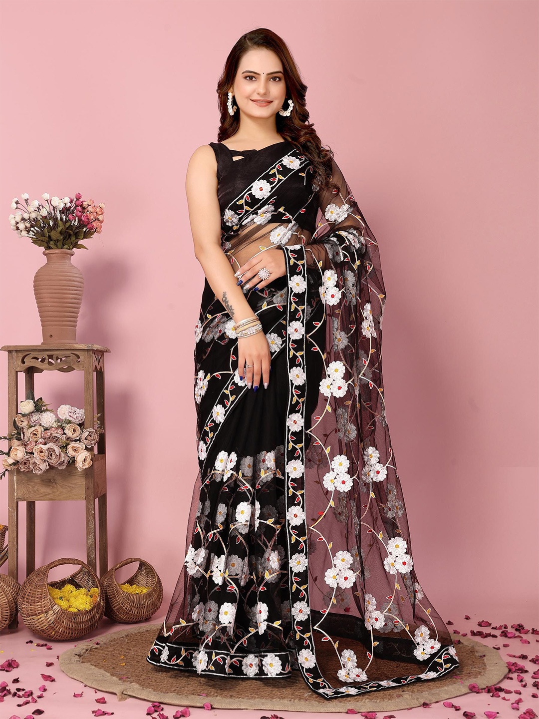 

HERE&NOW Floral Embroidered Net Saree With Blouse Piece, Black