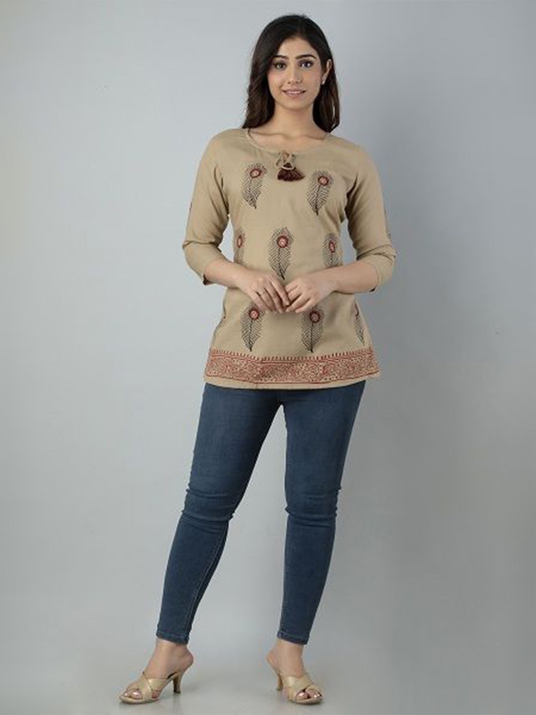 

AAFAMI Women Ethnic Motif Print Cotton Top, Camel brown