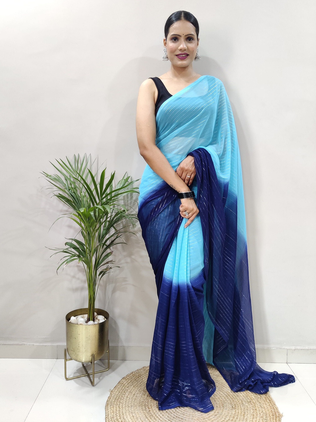 

KAYOMMI Pure Chiffon Ombre Striped Ready to Wear Holi Saree, Blue