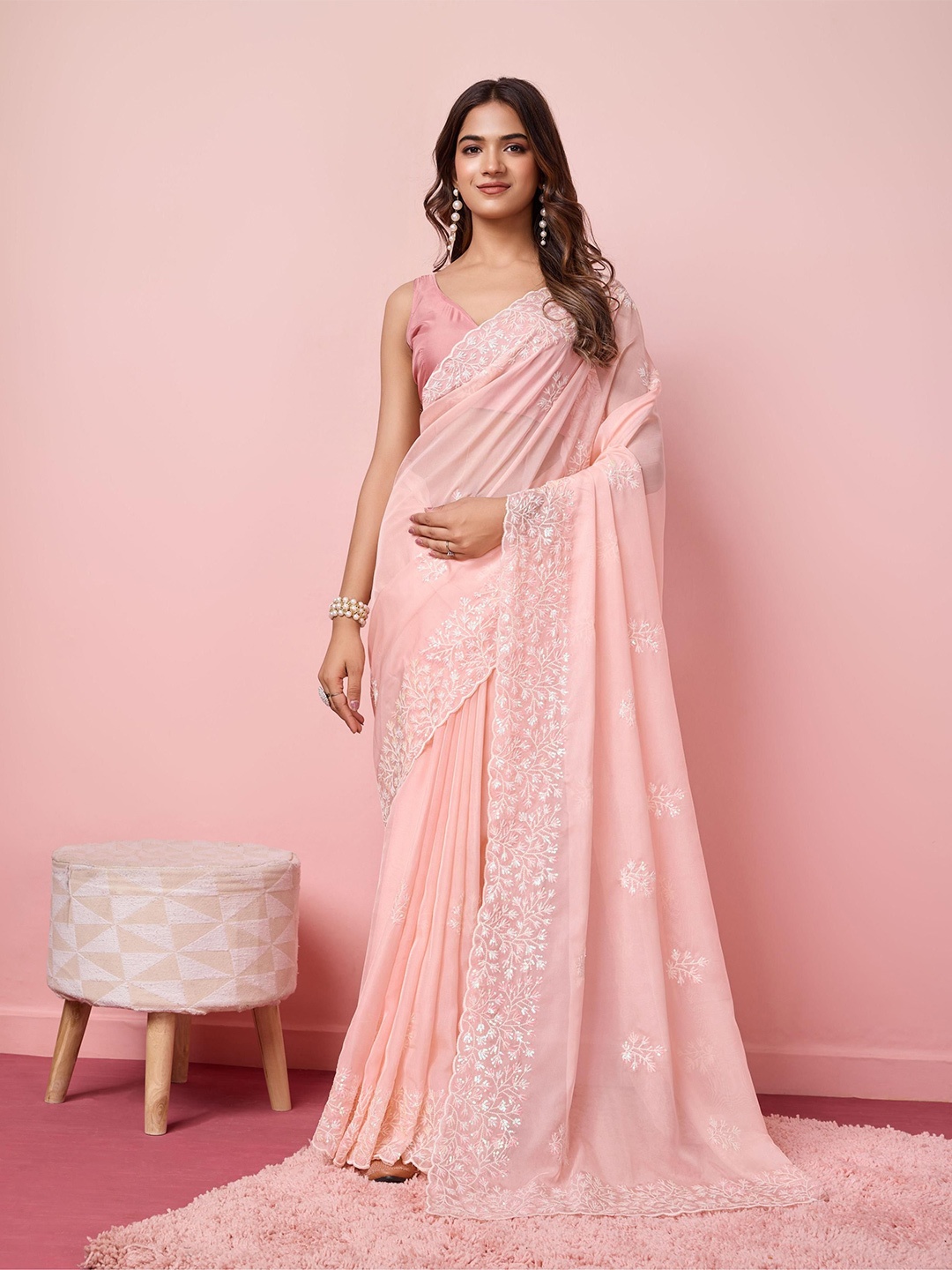 

HERE&NOW Sequinned Embroidered Organza Saree, Peach