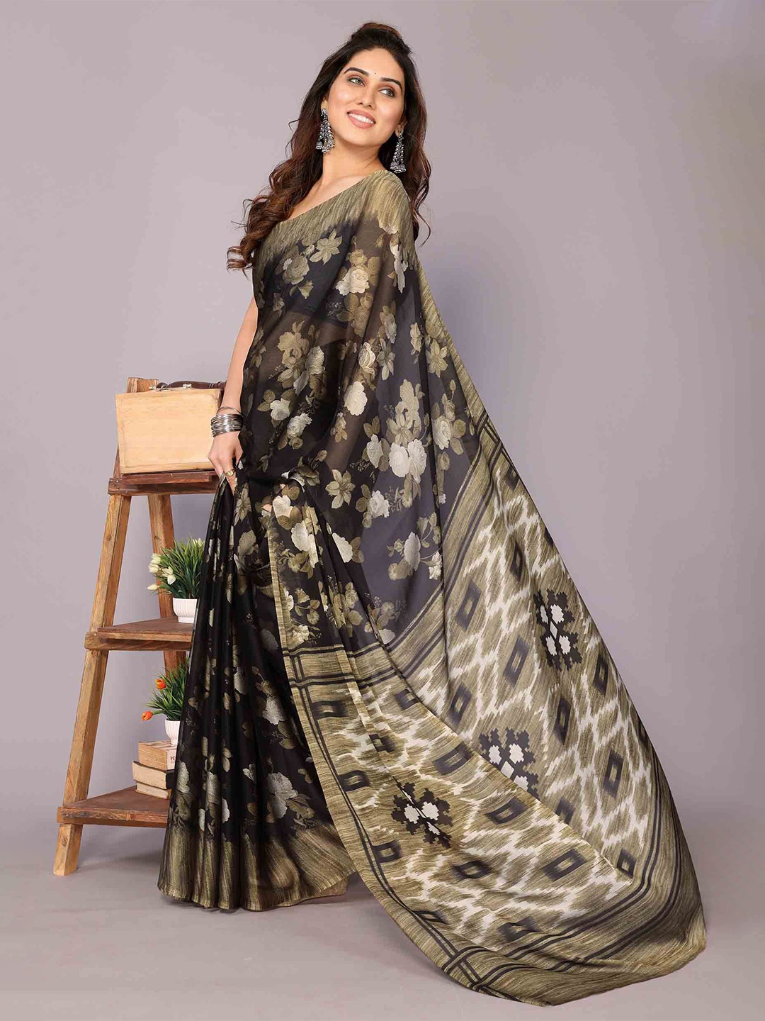 

KALINI Floral Poly Chiffon Saree, Black