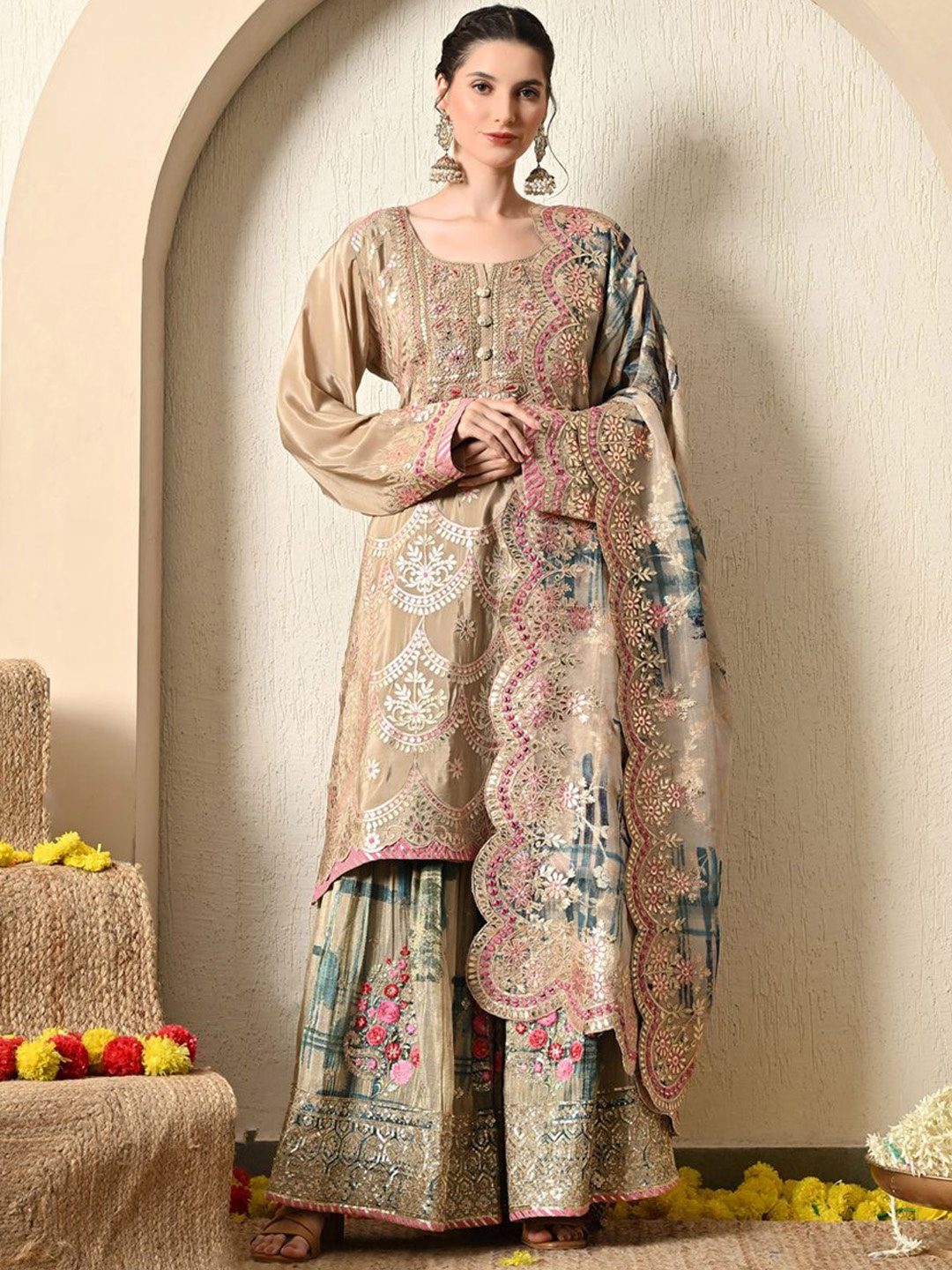 

ZARIKALI Ethnic Motifs Embroidered Thread Work Silk Crepe Kurta With Sharara & Dupatta, Gold