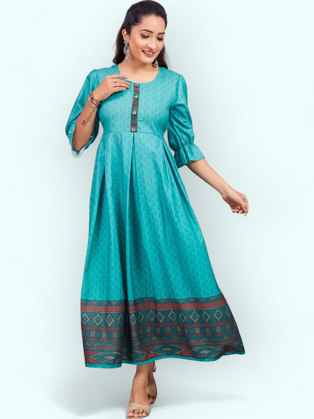 

PAMPER YOURSELF Women Ethnic Printed Fit & Flare Midi Dress, Teal