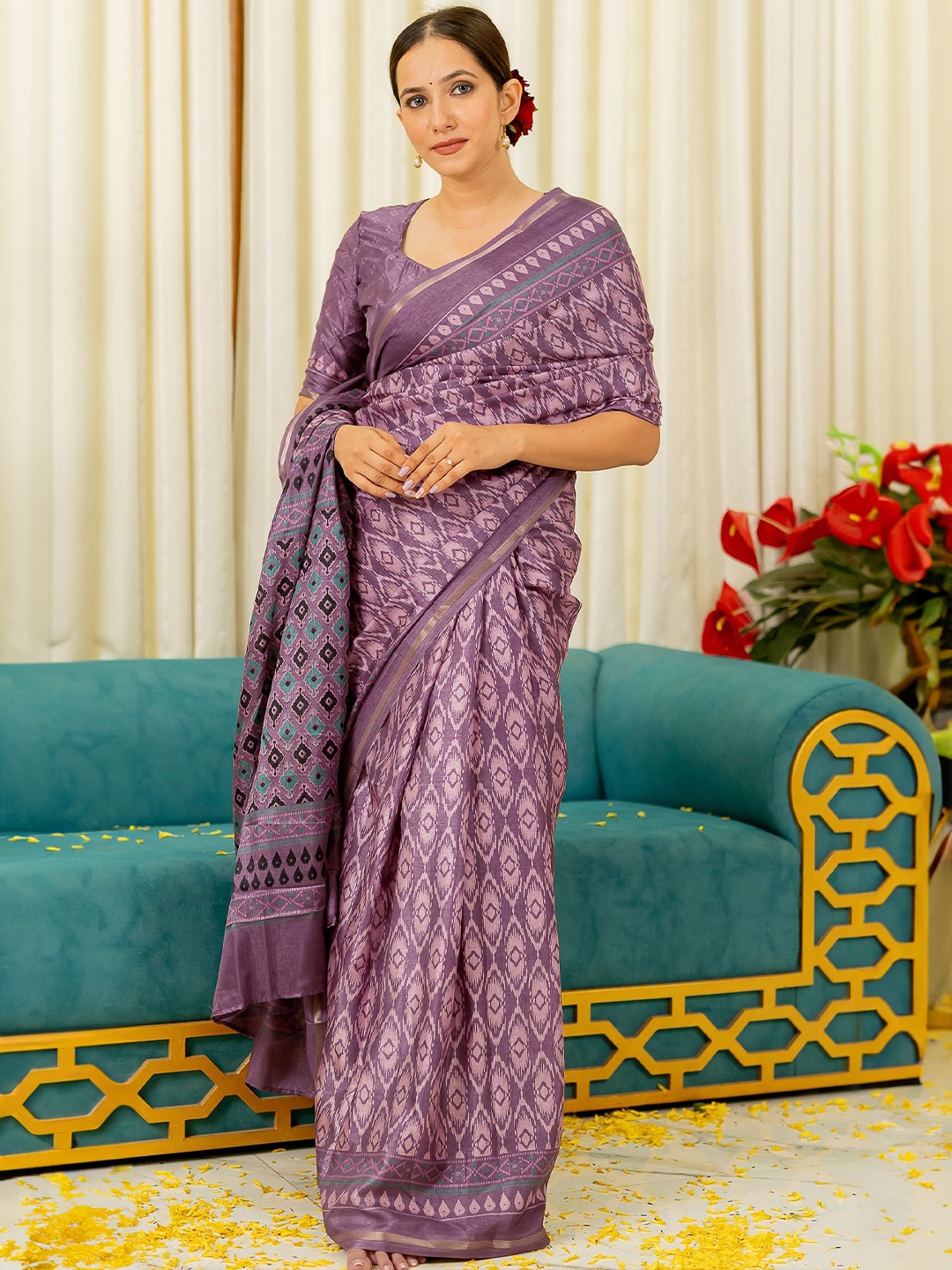 

KALINI Ethnic Motifs Zari Silk Blend Ikat Saree, Lavender