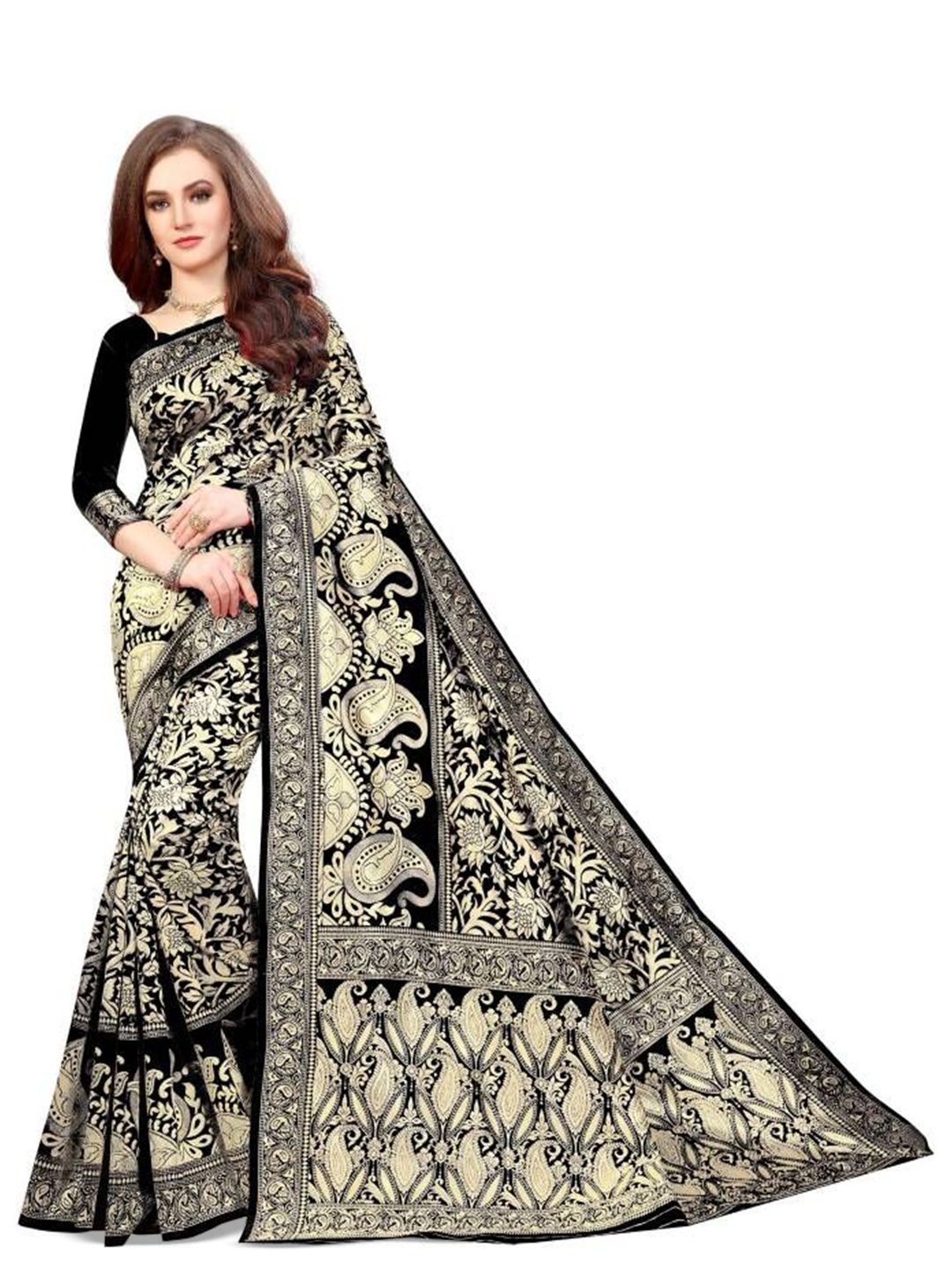 

Shiroya Brothers Woven Design Zari Jute Cotton Kanjeevaram Saree, Black