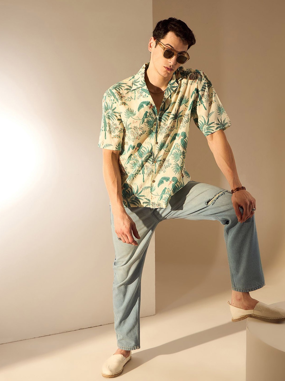 

DENNISON Relaxed Tropical Beach Hawaiian Printed Cuban Collar Oversized Cotton Shirt, Cream