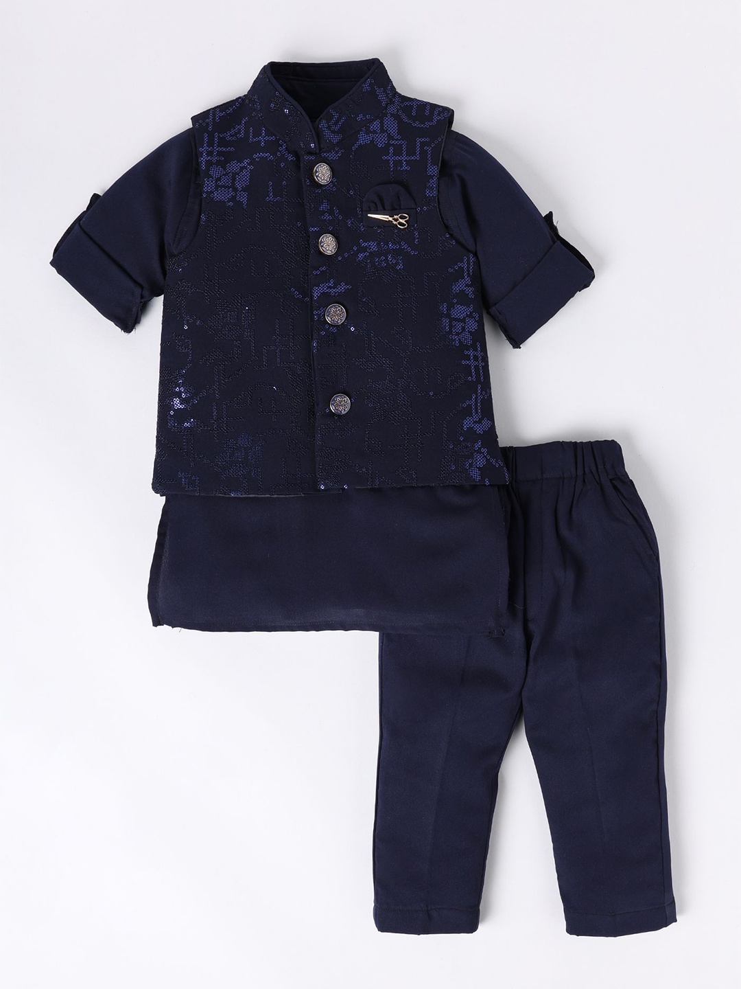 

LITTLE COLLARS Embellished Kurta With Pyjama & Nehru Jacket, Navy blue