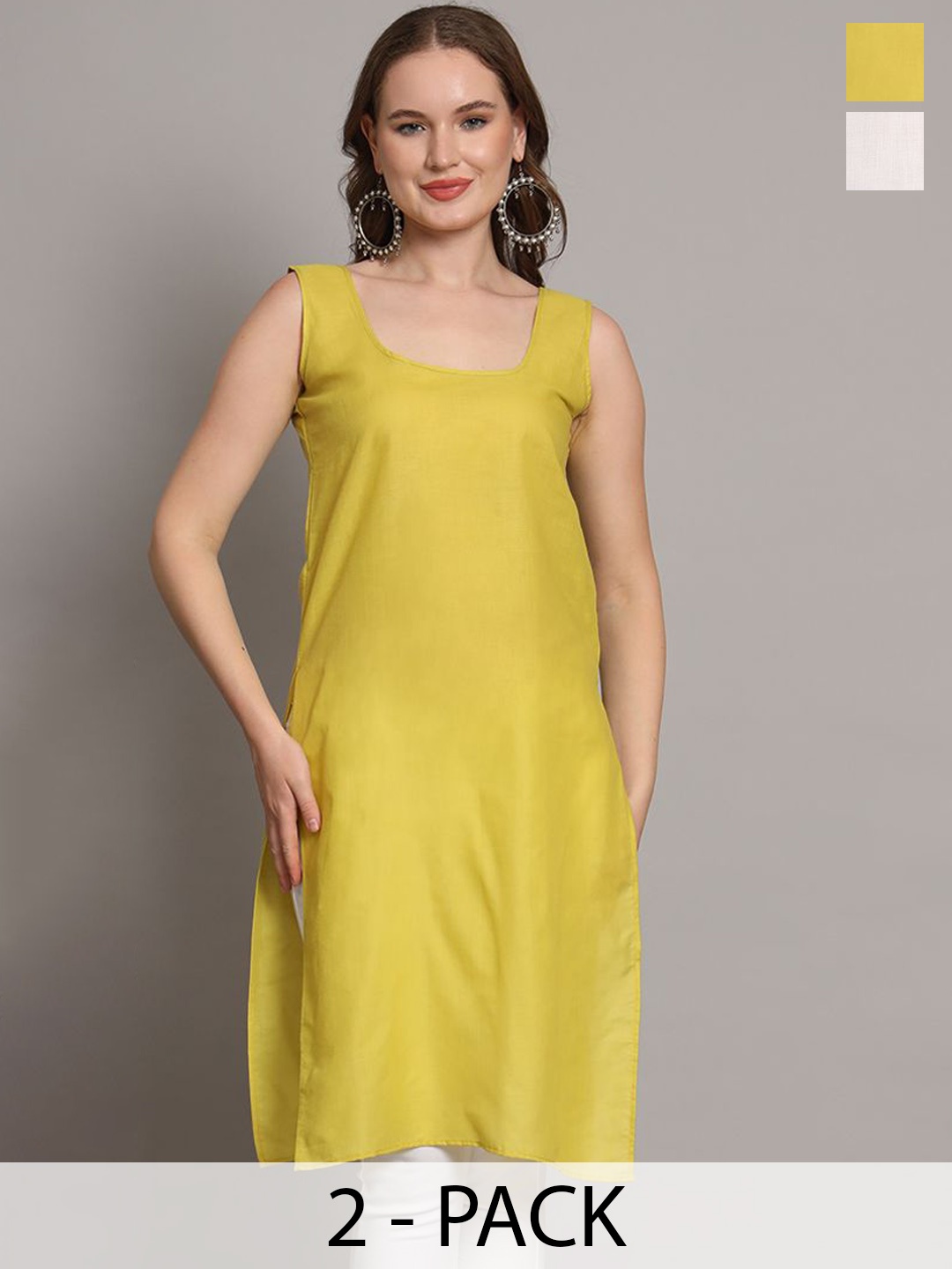

The Chikan Label Pack Of 2 Scoop Neck Cotton Longline Side Slits Slips, Olive