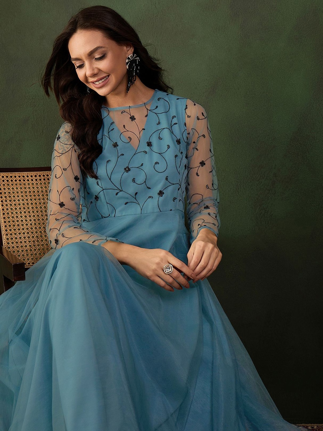 

Sangria Floral Thread and Sequined Embroidered A-Line Ethnic Dress, Blue