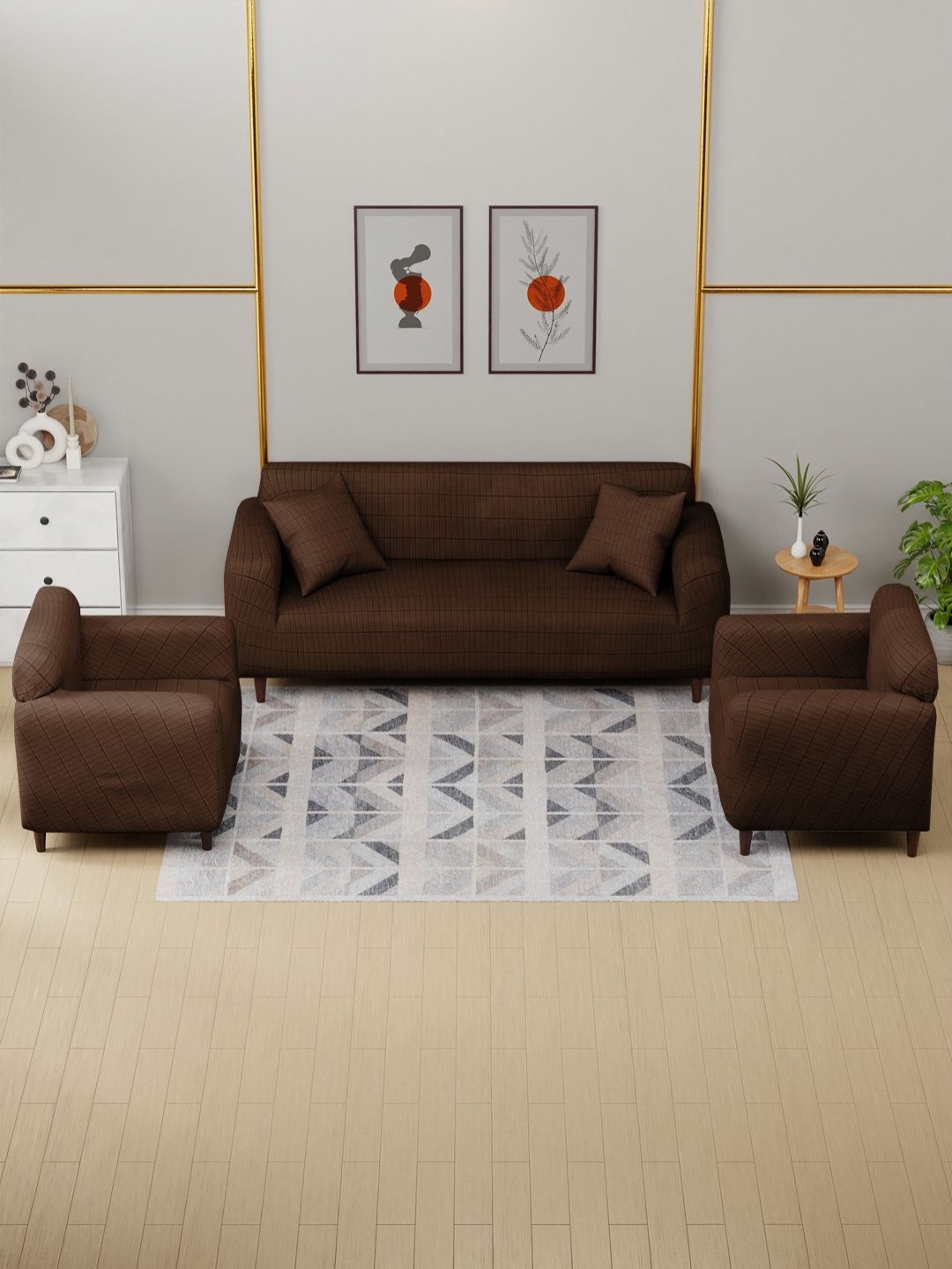 

Myntra Elegant Homes Brown Printed Jacquard 5 Piece 5-Seater Sofa Cover With Arms