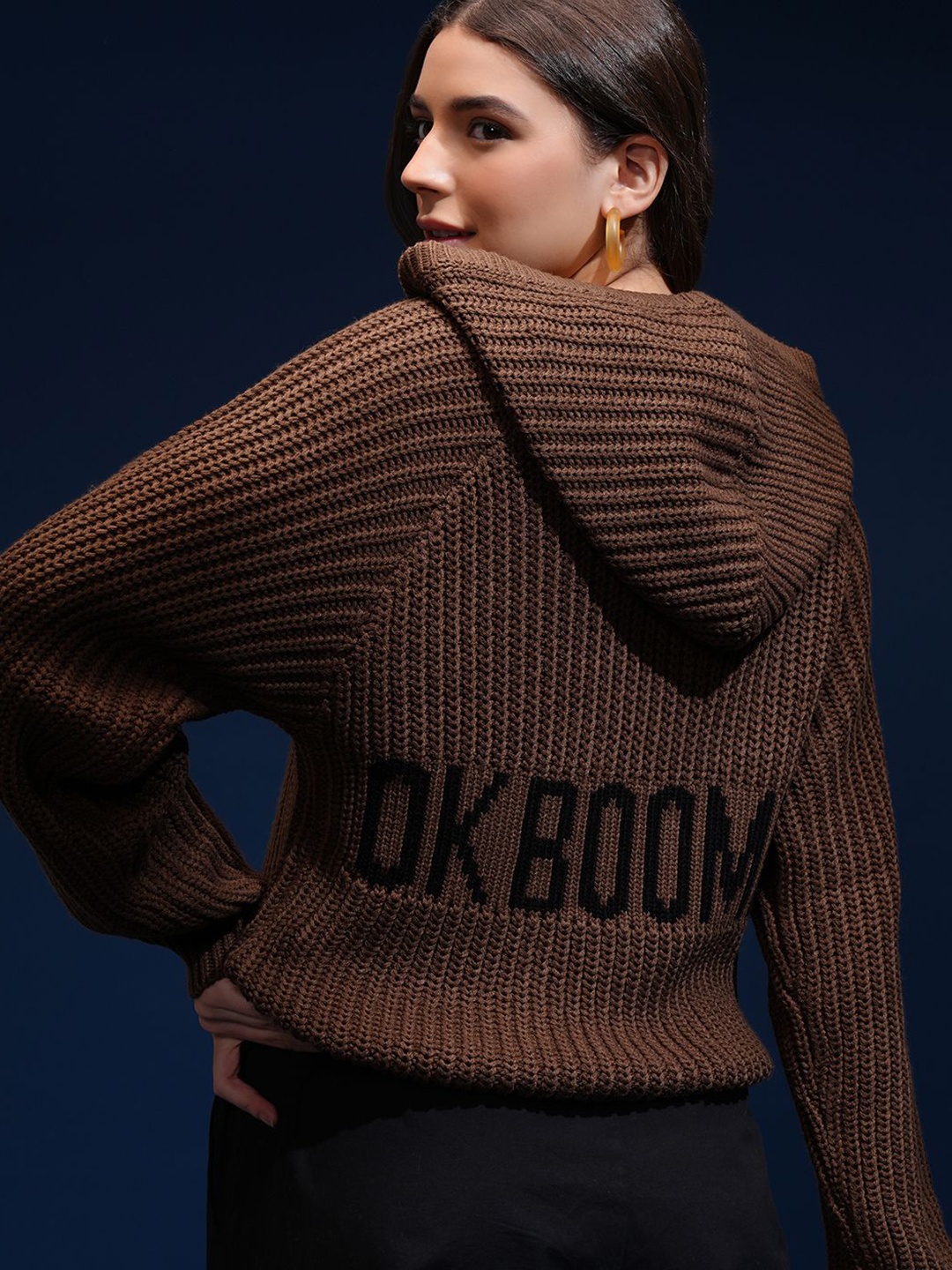 

Tokyo Talkies Women Cable Knit Pullover With Zip Detail, Brown