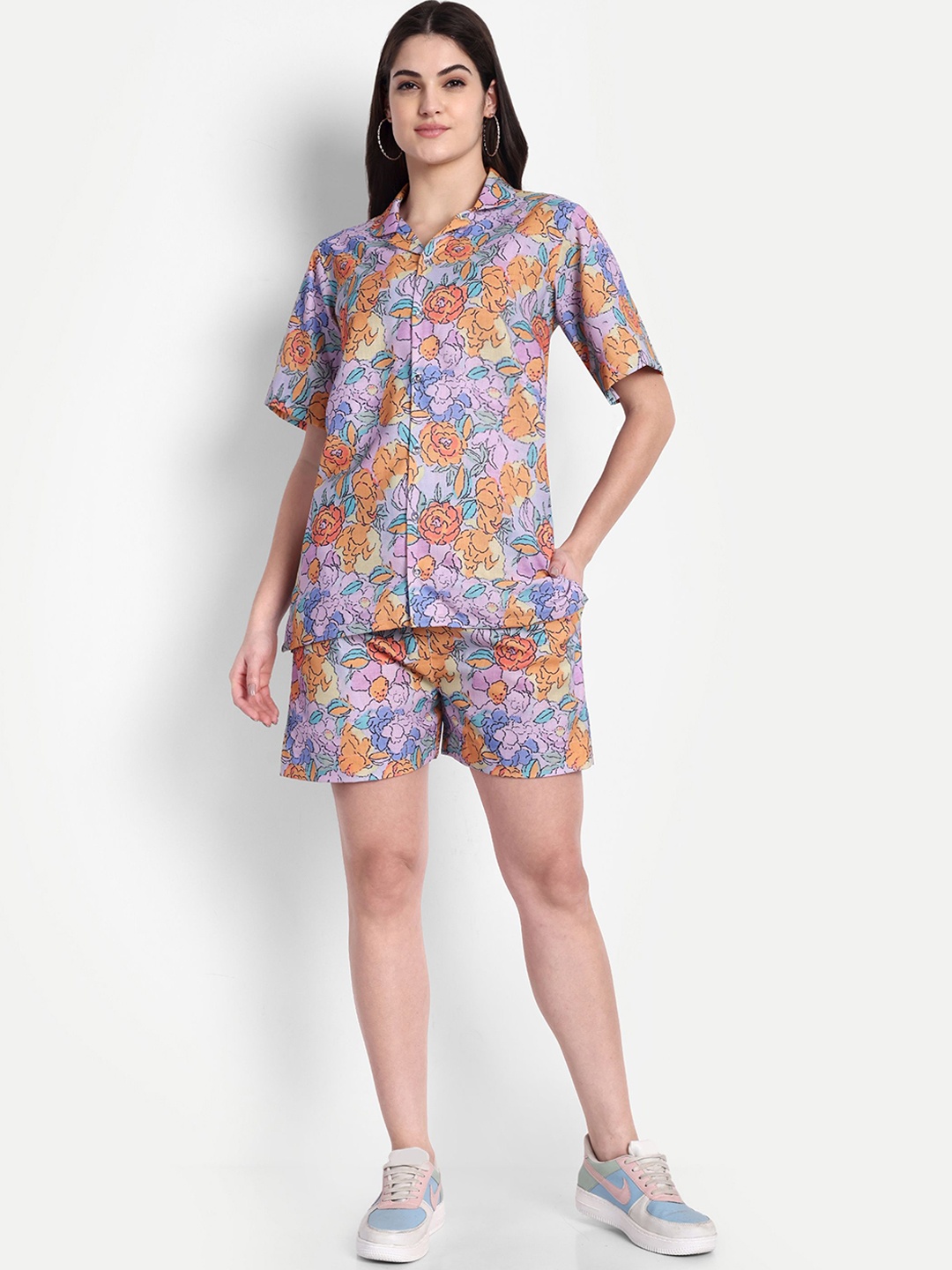 

TILISM Printed Pure Cotton Shirt & Shorts Co-Ord, Purple