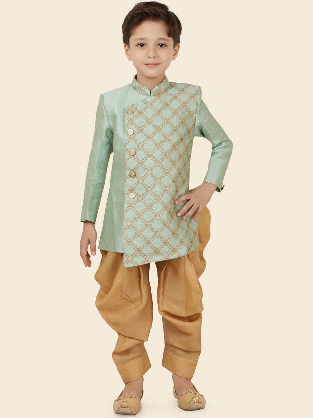 

Ethniks Neu-Ron Boys Embroidered Regular Thread Work Pure Silk Kurta with Pyjamas, Beige