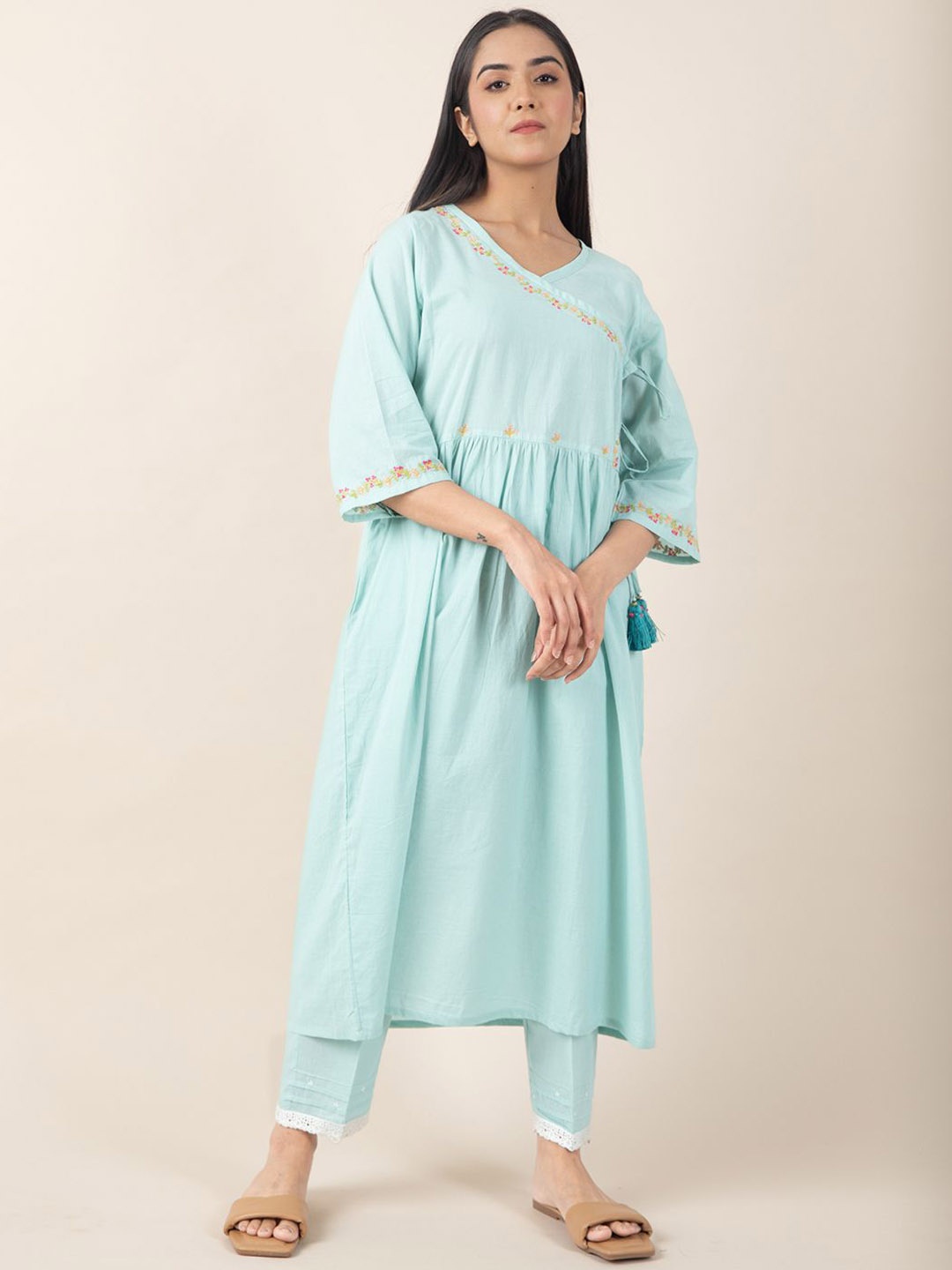 

zuri Ethnic Motifs Embroidered Angrakha Pure Cotton A-Line Kurta with Trousers & Dupatta, Green