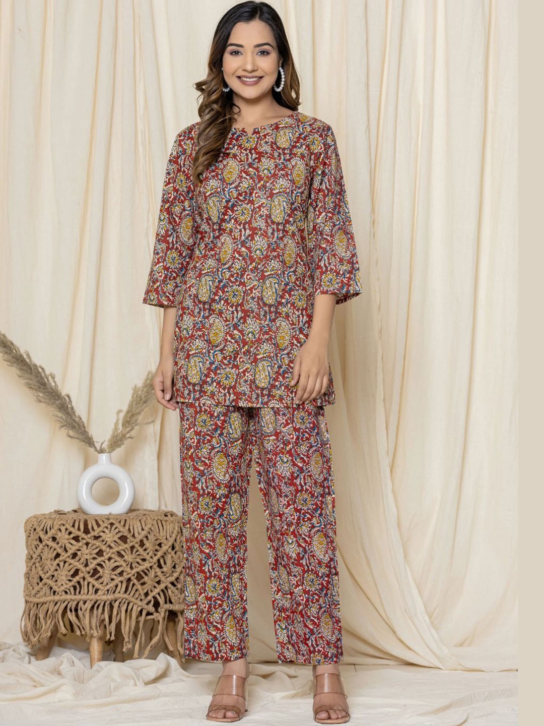 

Serenita Printed Pure Cotton Top With Trouser Co-Ords, Red