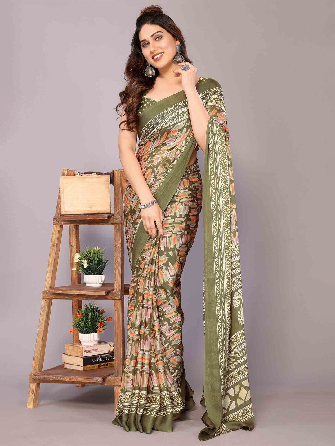 

KALINI Poly Chiffon Saree, Olive