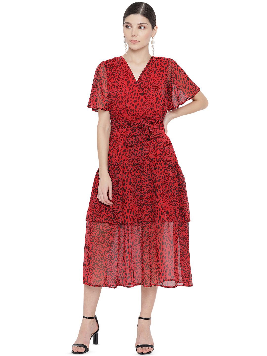 

BAESD Animal Flared Sleeve Chiffon Fit & Flare Midi Dress, Red