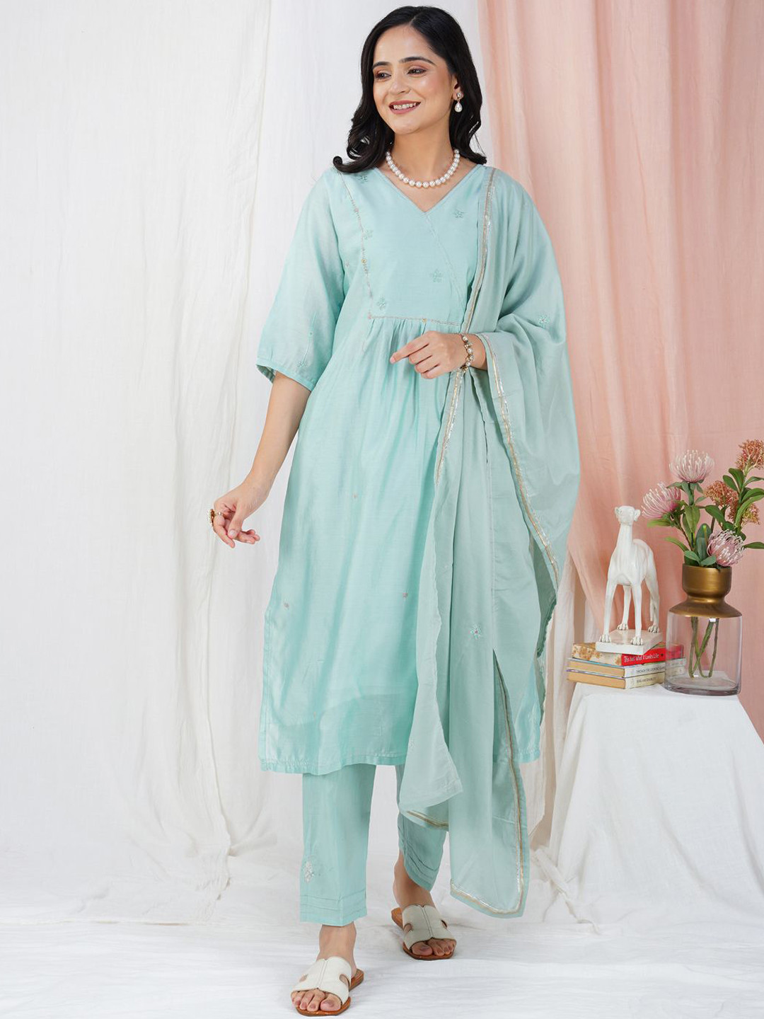

zuri Floral Embroidered Chanderi Cotton Straight Kurta with Trousers & Dupatta, Green