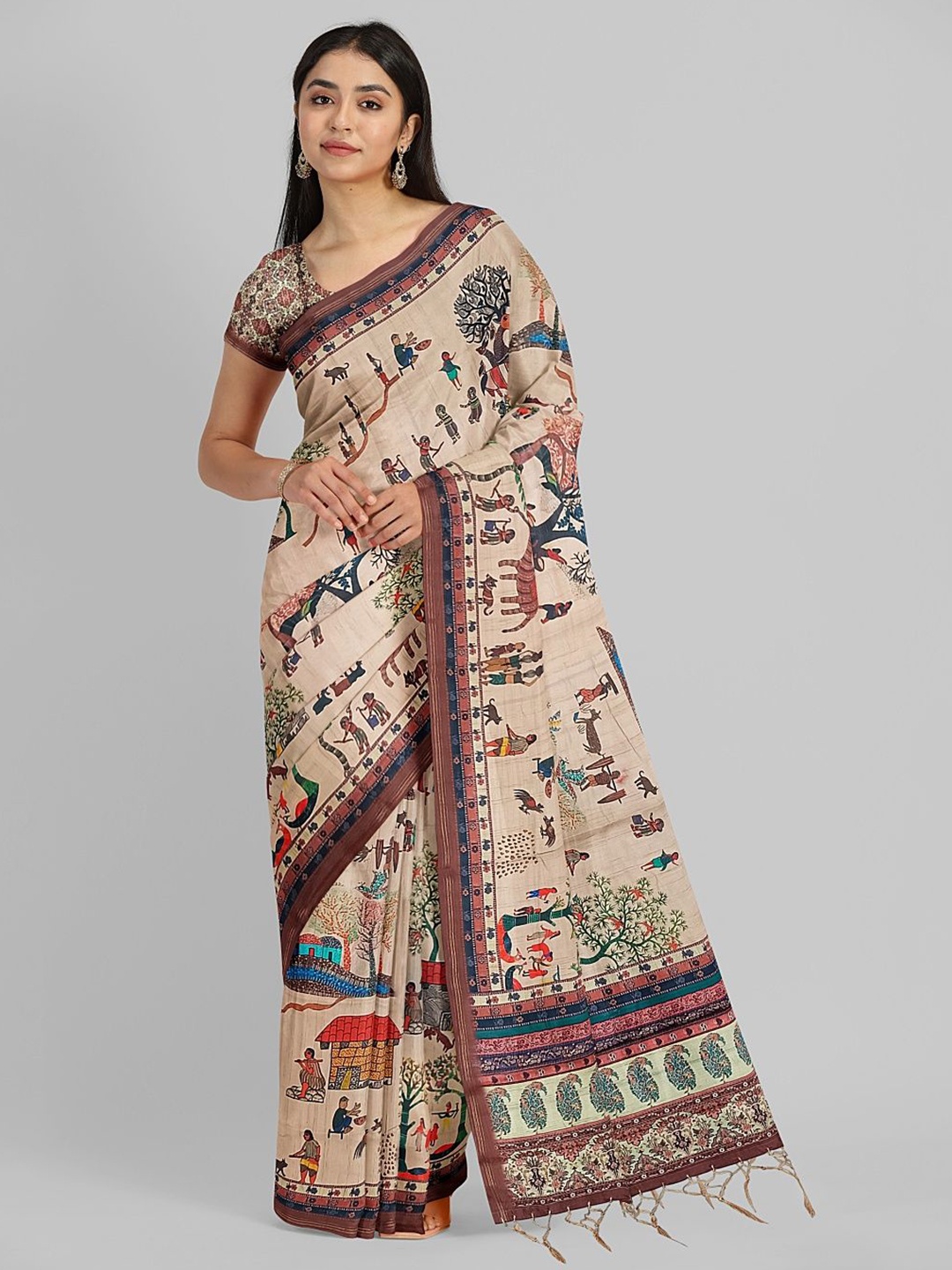 

Avyay Creation Kalamkari Tussar Saree, Beige