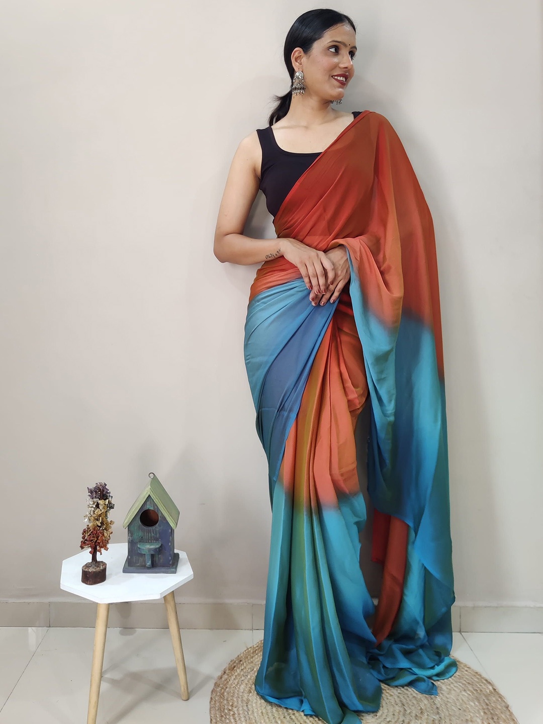 

KAYOMMI Ombre Satin Ready to Wear Saree, Red