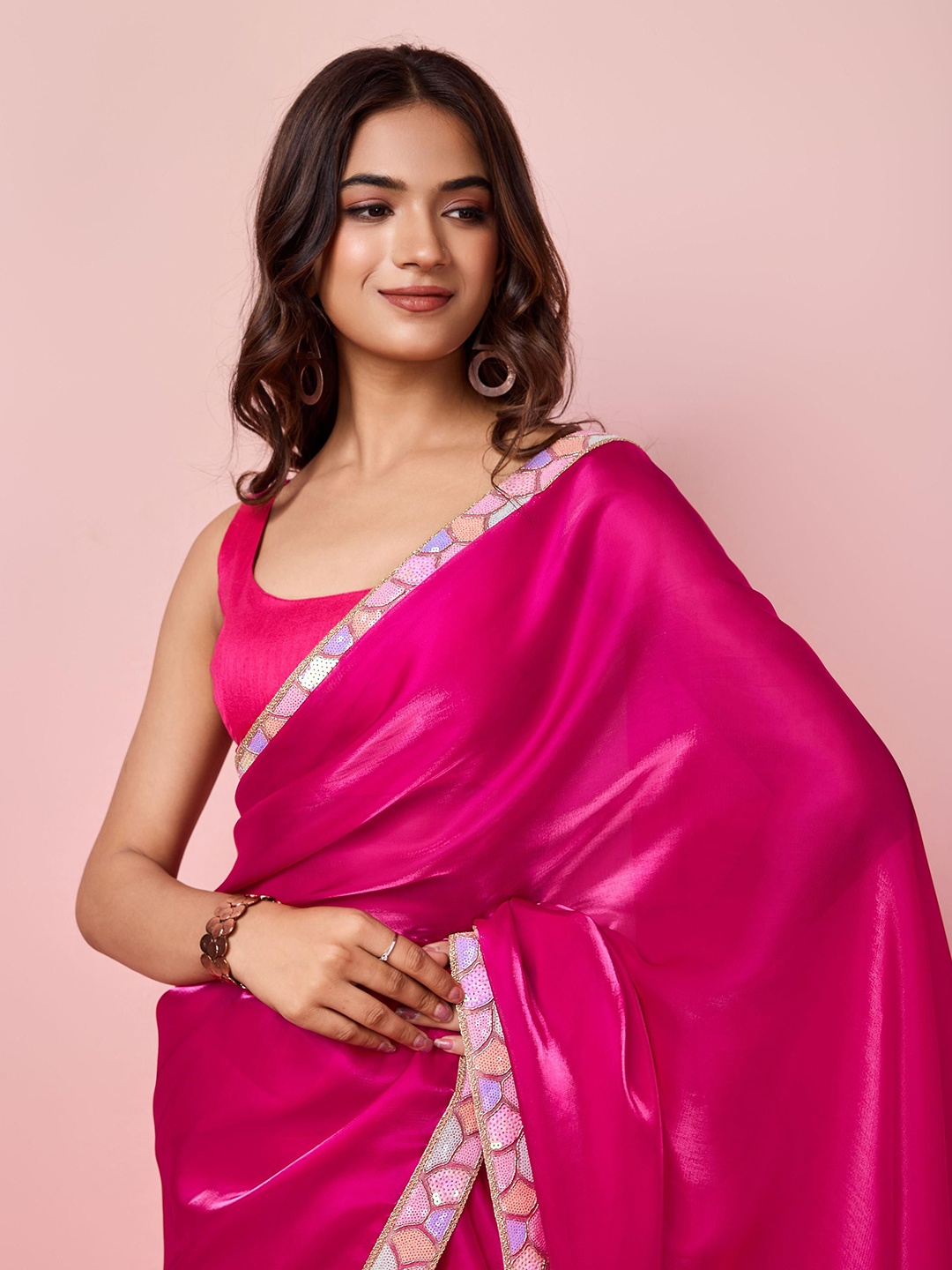 

HERE&NOW Embellished Border Saree, Pink