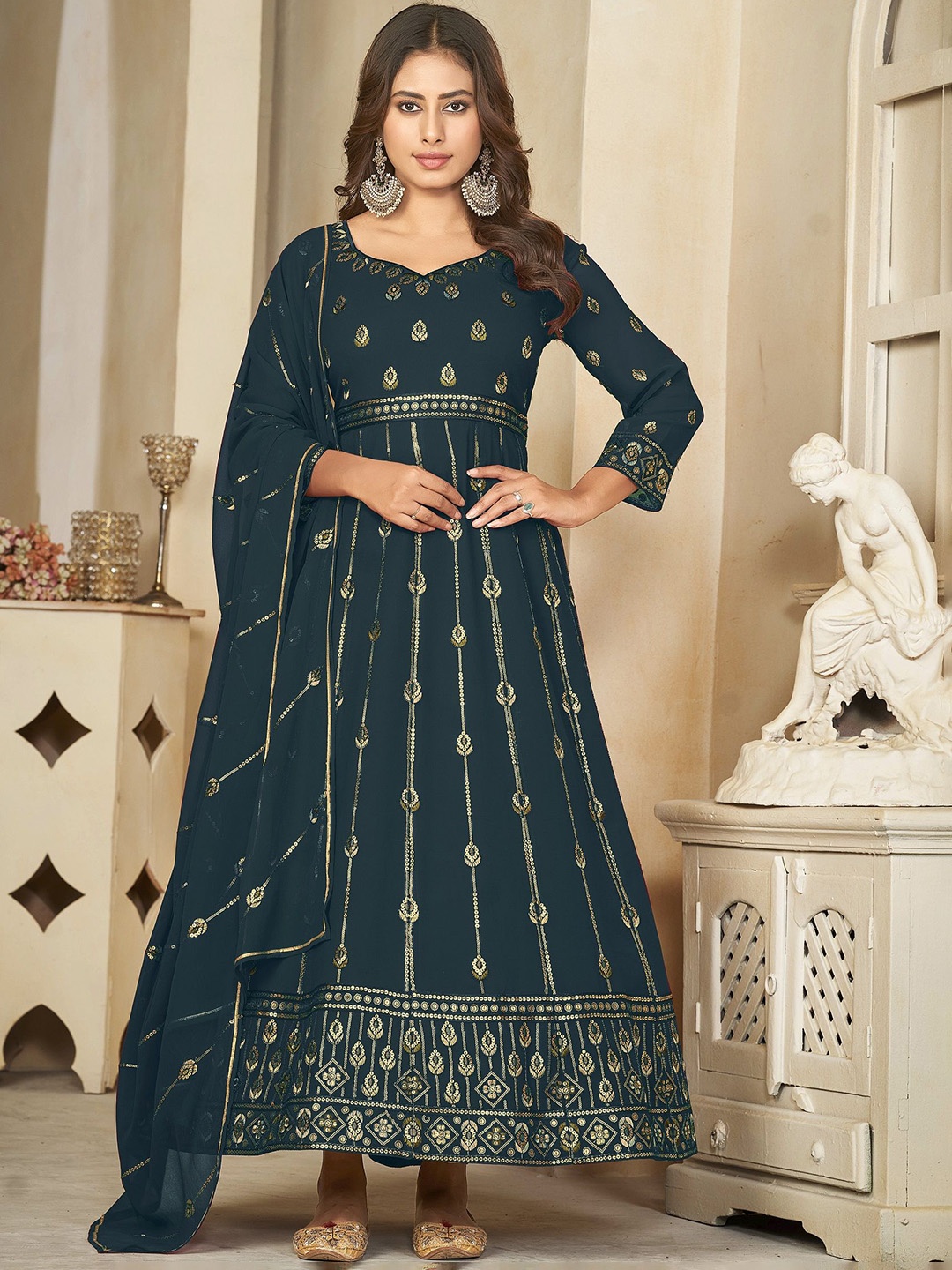 

KALINI Embroidered Semi-Stitched Dress Material, Green