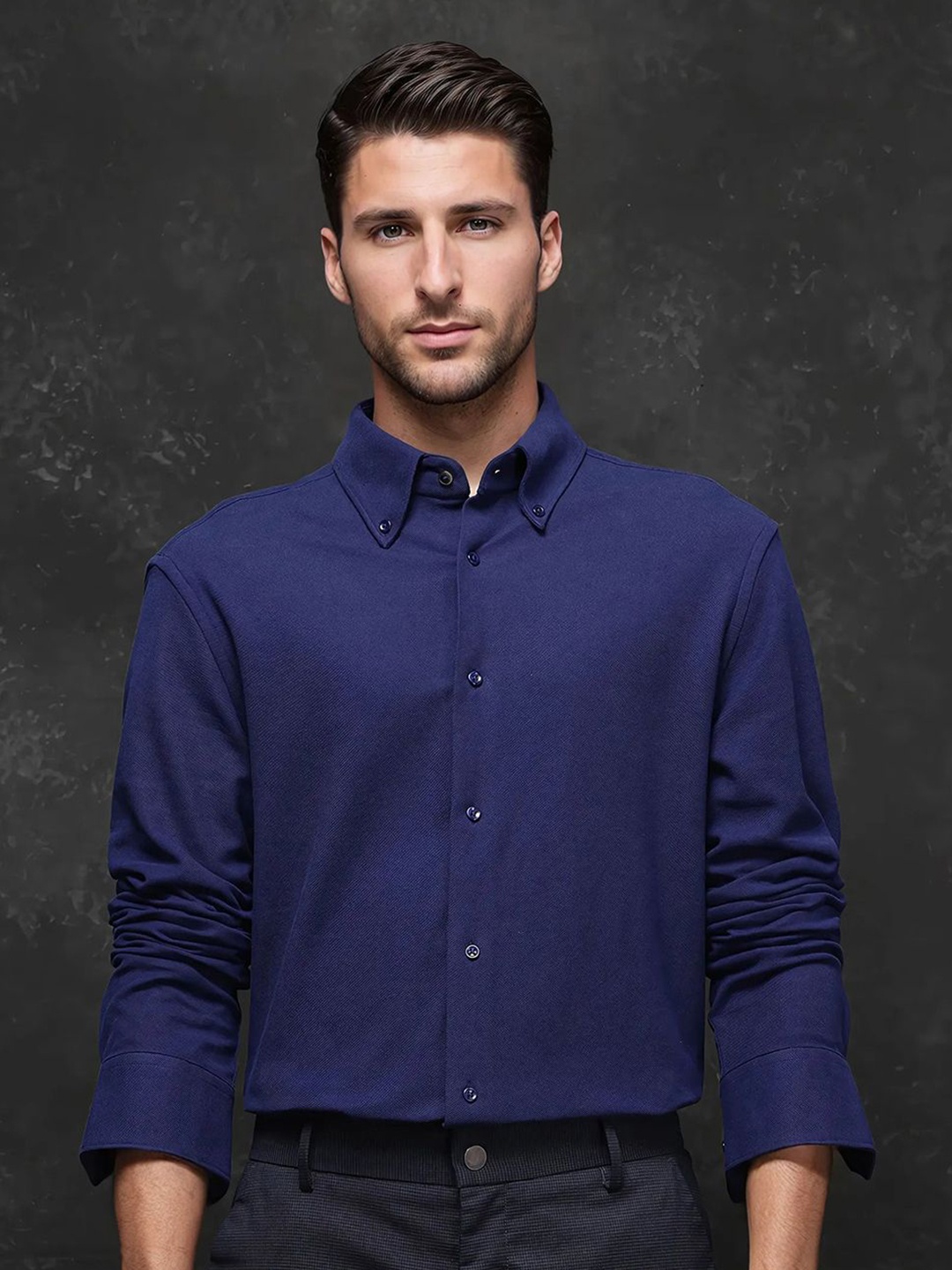 

RARE RABBIT Men Comfort Button-Down Collar Solid Cotton Casual Shirt, Blue