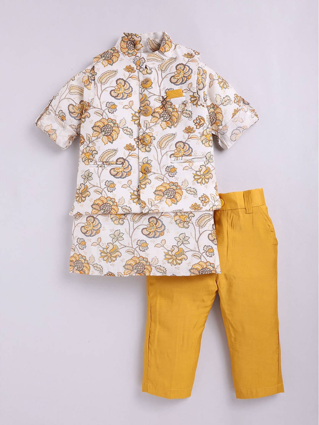 

LITTLE COLLARS Boys Floral Printed Kurta & Trousers with Nehru Jacket, White
