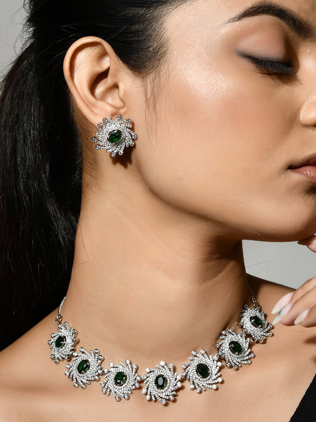 

Voylla Rhodium-Plated AD-Studded Jewellery Set, Silver