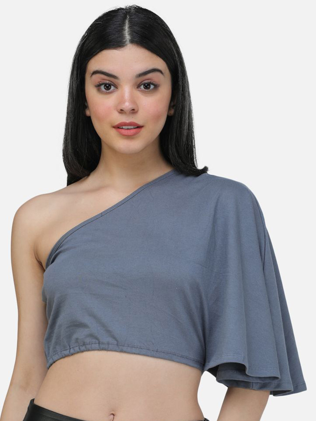

BAESD One Shoulder Flared Sleeve Crop Top, Grey