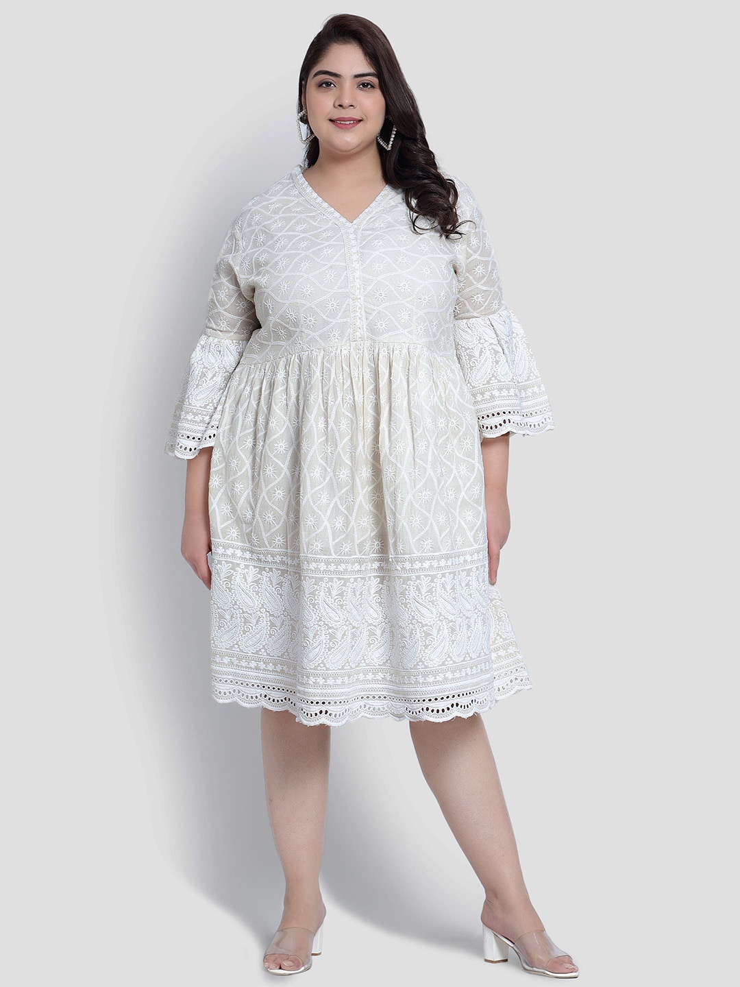 

Indietoga Ethnic Motifs Embroidered Bell Sleeve Fit & Flare Dress, Off white