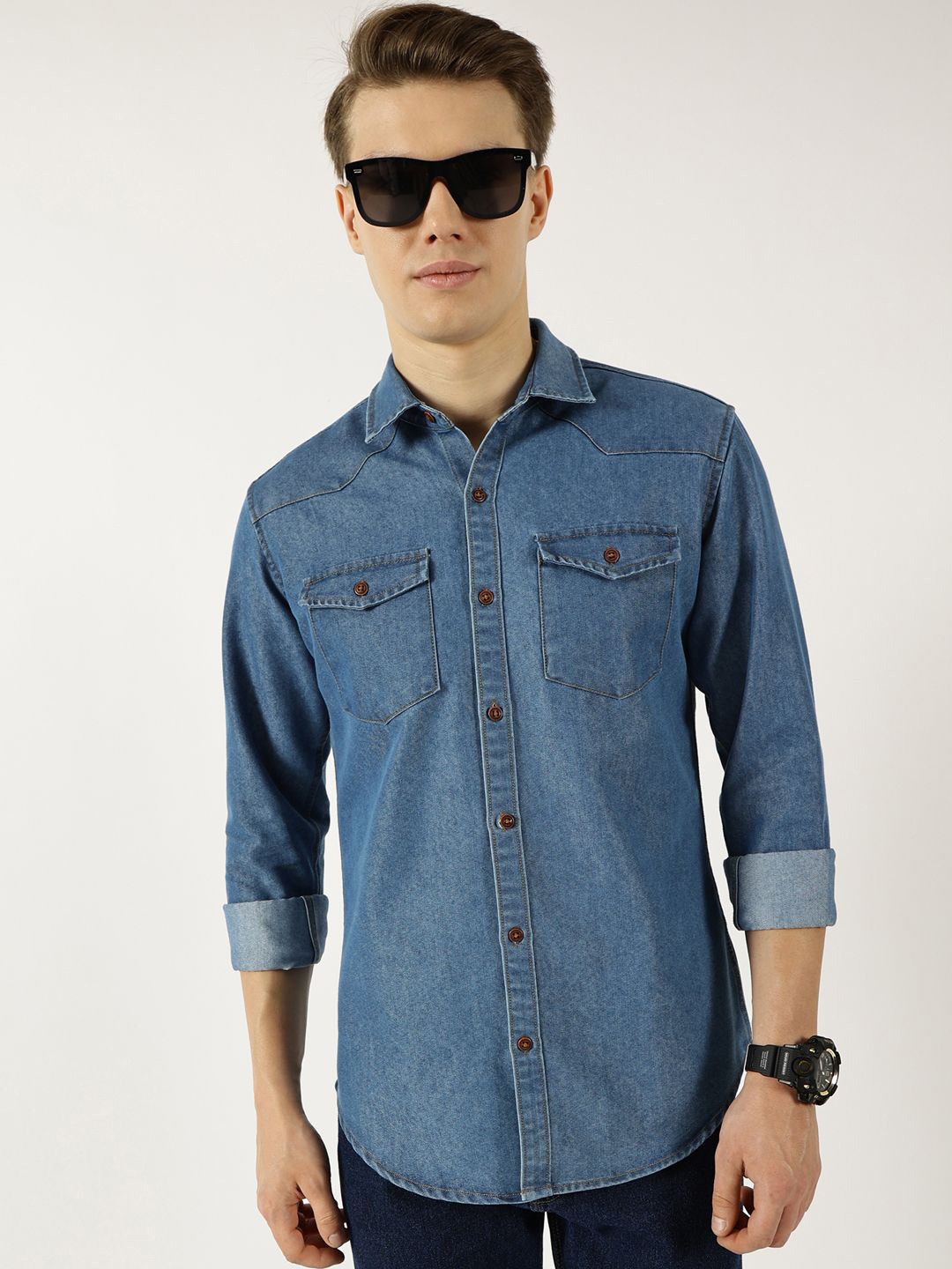 

Thomas Scott Men Classic Spread Collar Faded Cotton Slim Fit Casual Shirt, Blue